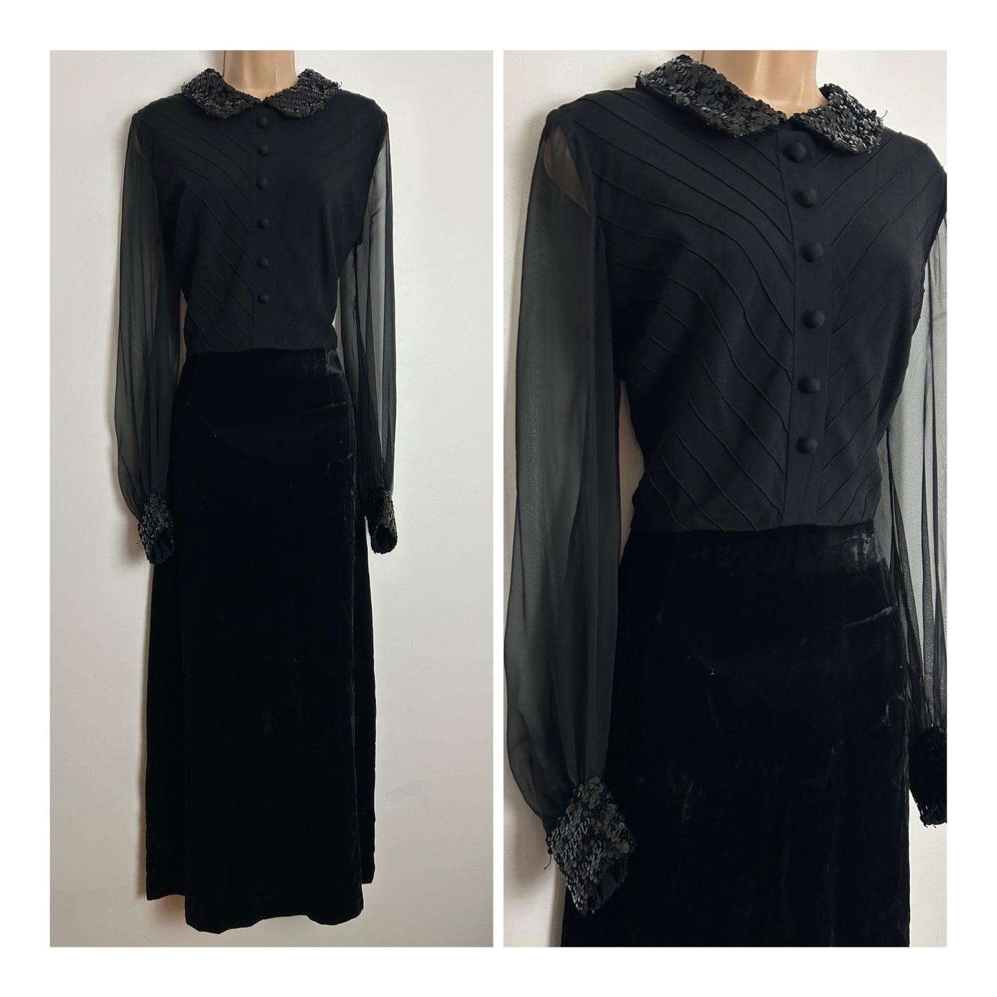 Vintage Early 1970s PETER BARRON UK Size 12 Black Velvet Rayon & Chiffon Sequin Collar & Cuffs Occasion Maxi Dress