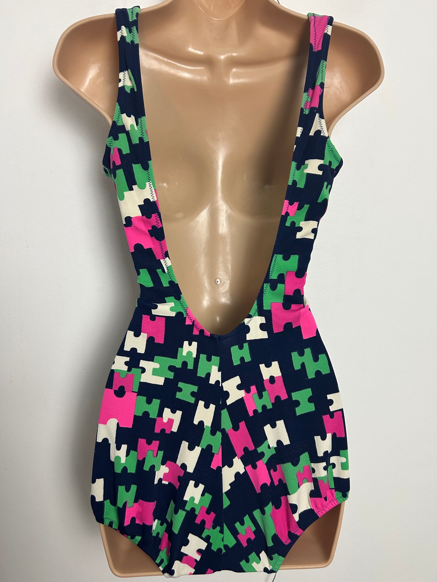 Vintage Late 1960s Approx Size 14-16 Navy Blue Pink Green & White Abstract Geo Jigsaw Style Print Swimsuit