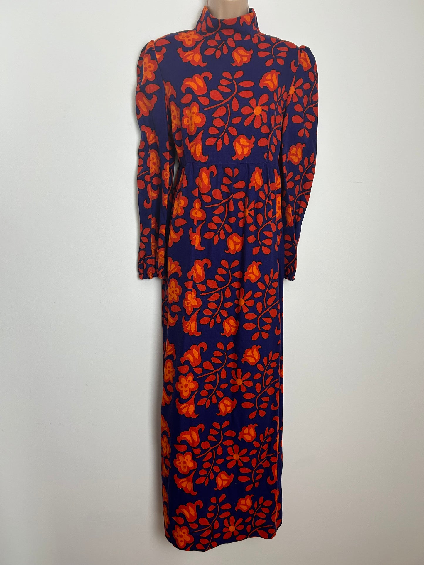 Vintage Late 1960s PETER ROBINSON Size 10 Blue & Orange Floral Print Long Sleeve Maxi Dress