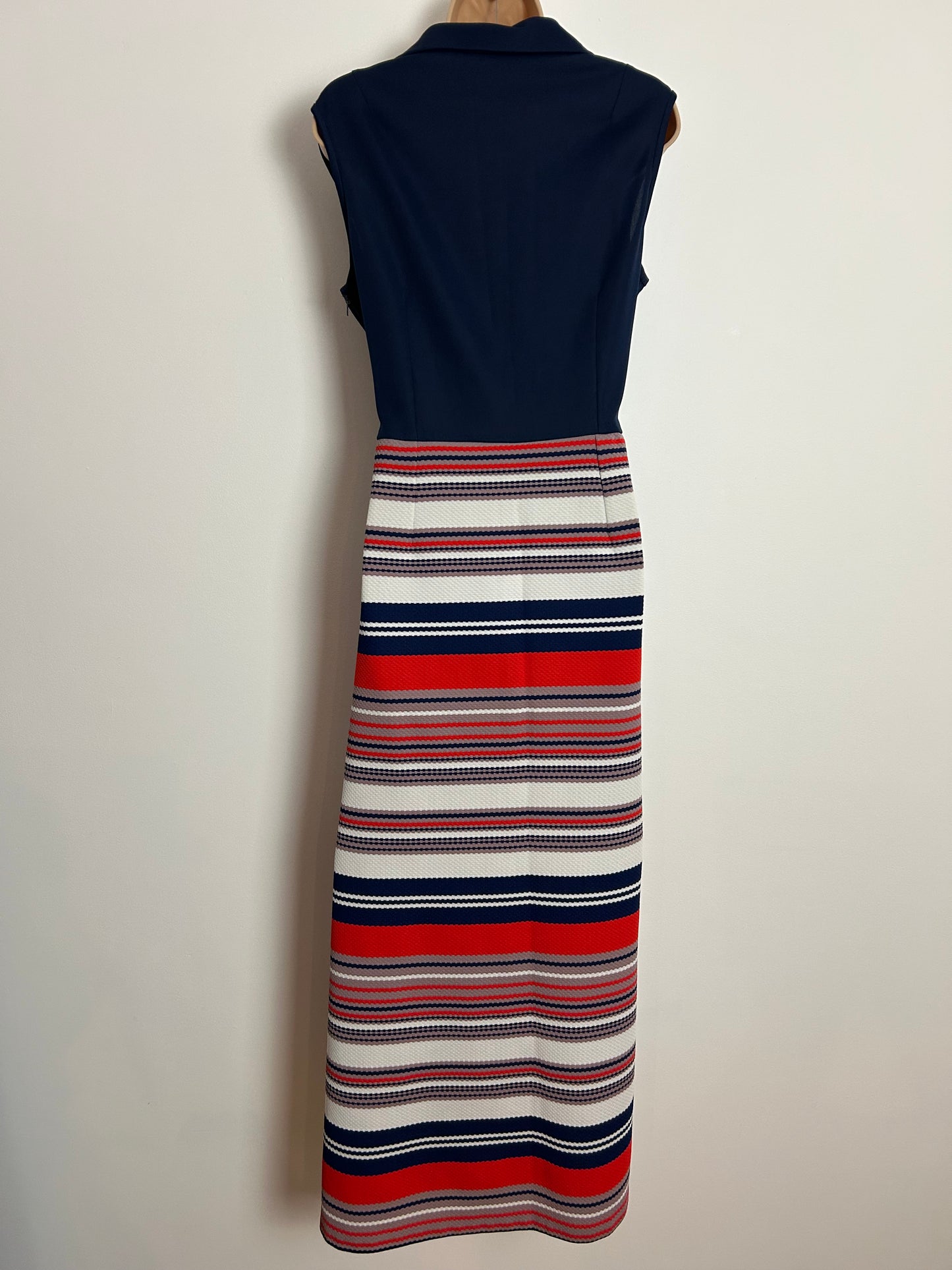Vintage 1970s DANDI BY BERKERTEX UK Size 14 Navy Blue Red Beige & White Stripe Print Maxi Dress