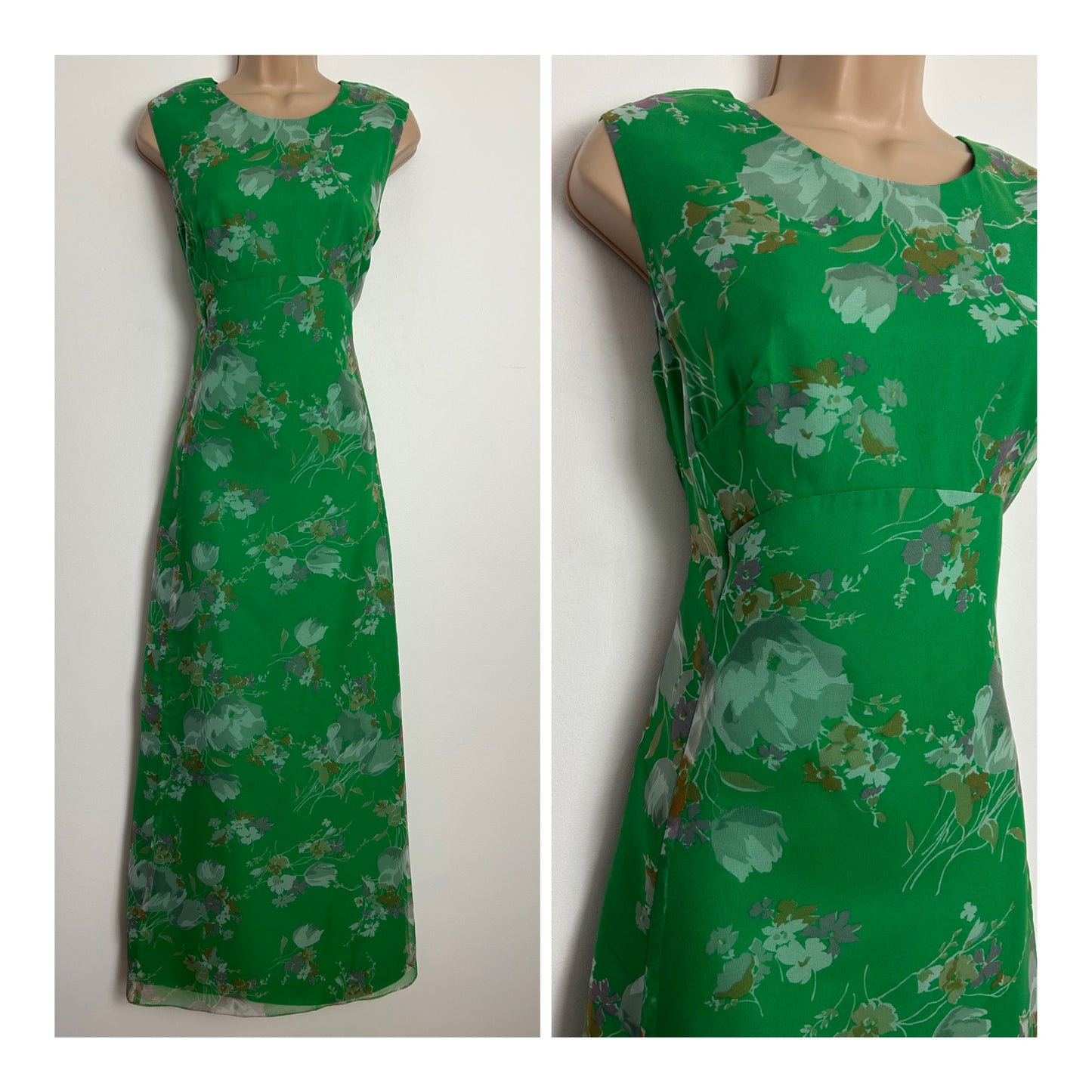 Vintage 1970s SILVERSTAR Size 8-10 Green Floral Print Sleeveless Chiffon Maxi Dress