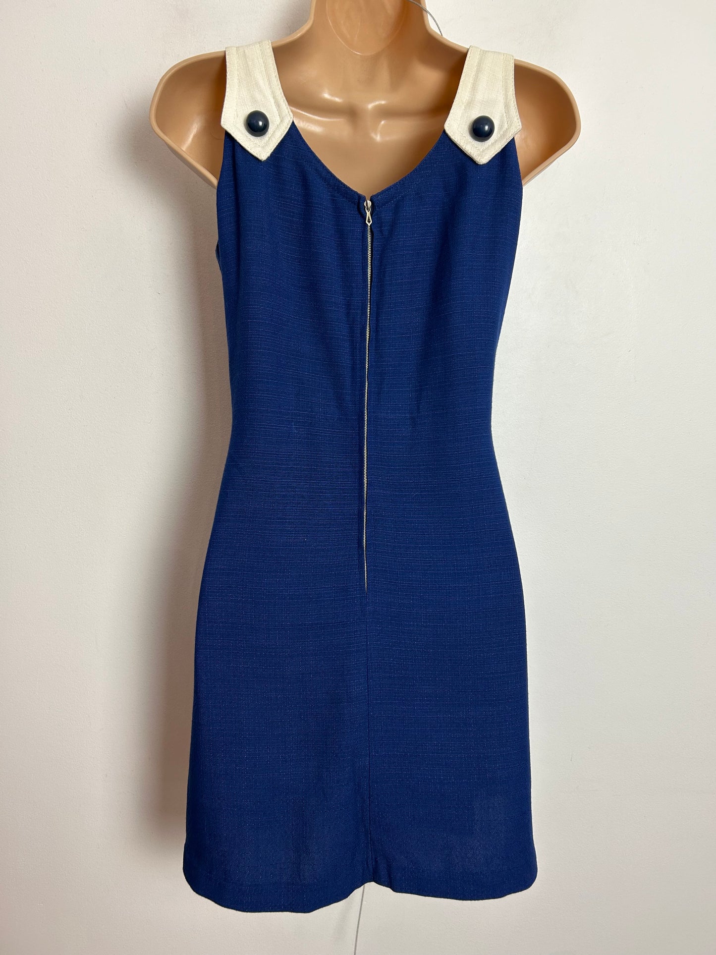 Vintage 1960s UK Size 8 Navy Blue & White Contrast Mini Mod Pleated Shift Dress