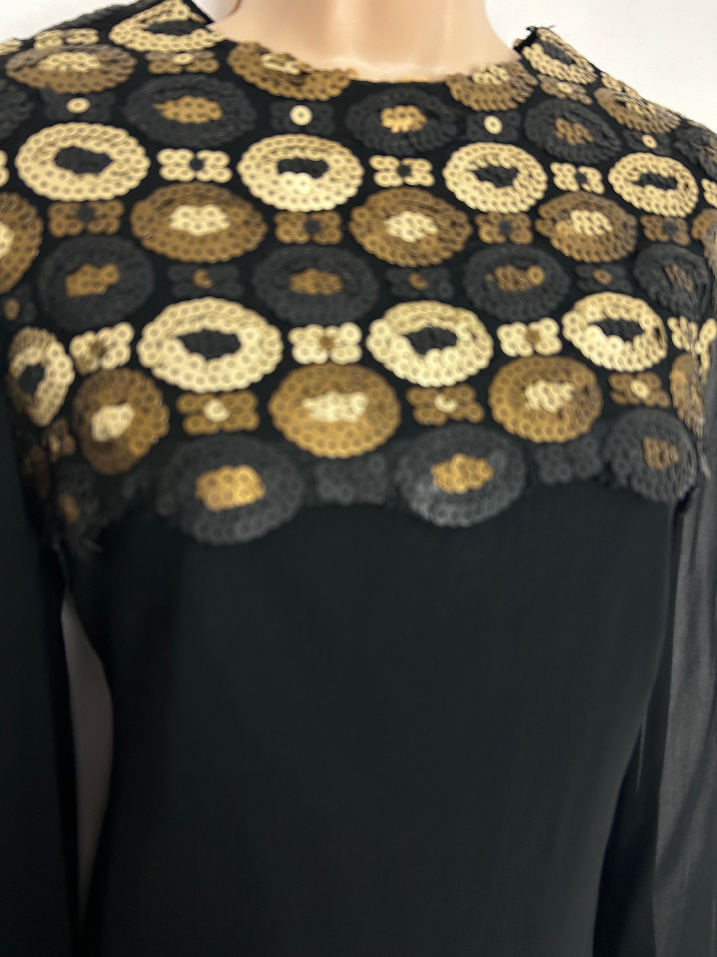 Vintage 1960s FRANK USHER UK Size 10 Black Chiffon Occasion Maxi Dress With Gold Bronze & Pewter Sequin Detailing
