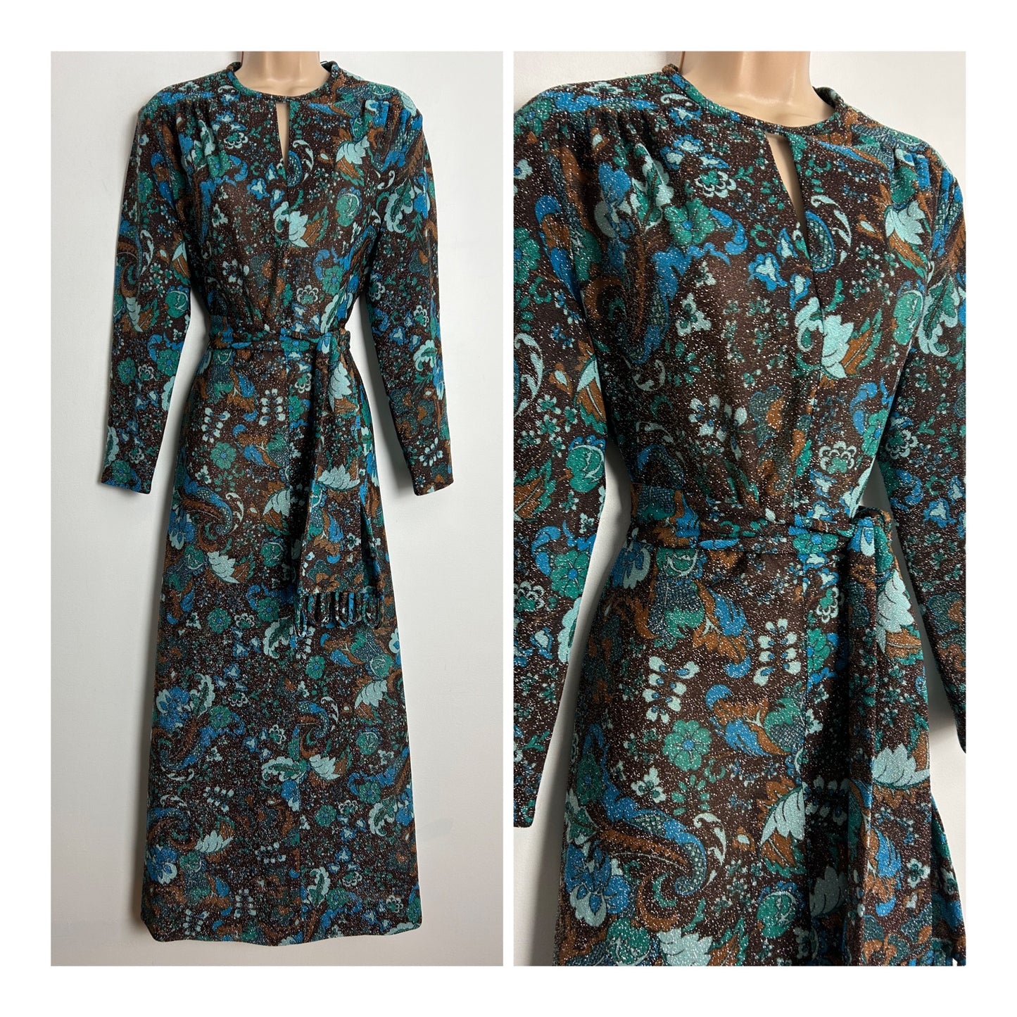 Vintage 1960s CARNEGIE OF LONDON UK Size 16-18 Brown Blue & Green Floral Print Glittery Lurex Belted Occasion Maxi Dress