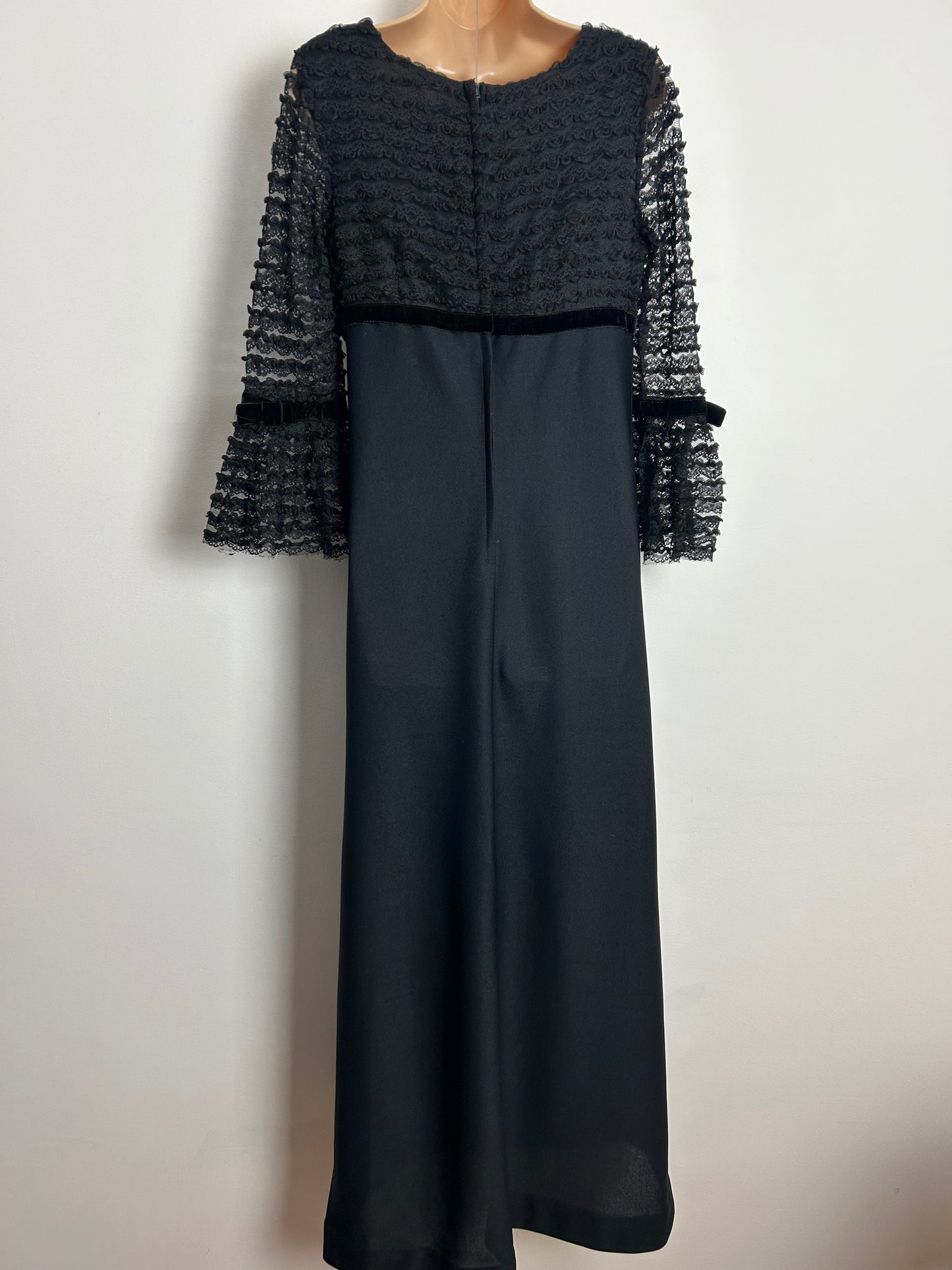 Vintage Late 1960s CHARMONT OF LONDON UK Size 10 Black Lace Bodice Empire Line Boho Occasion Maxi Dress