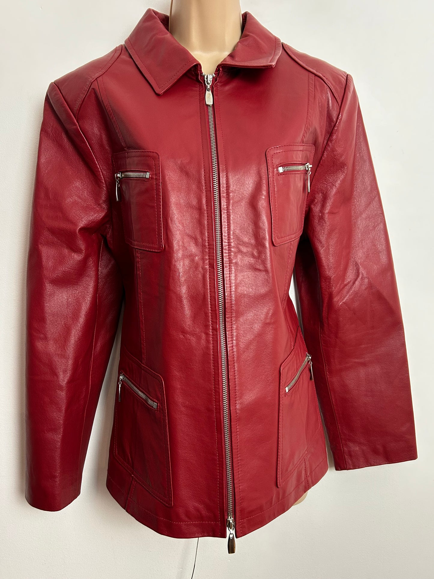 Vintage Late 1980s UK Size 14-16 Red Leather Zip Fronted Pocket Detail Jacket