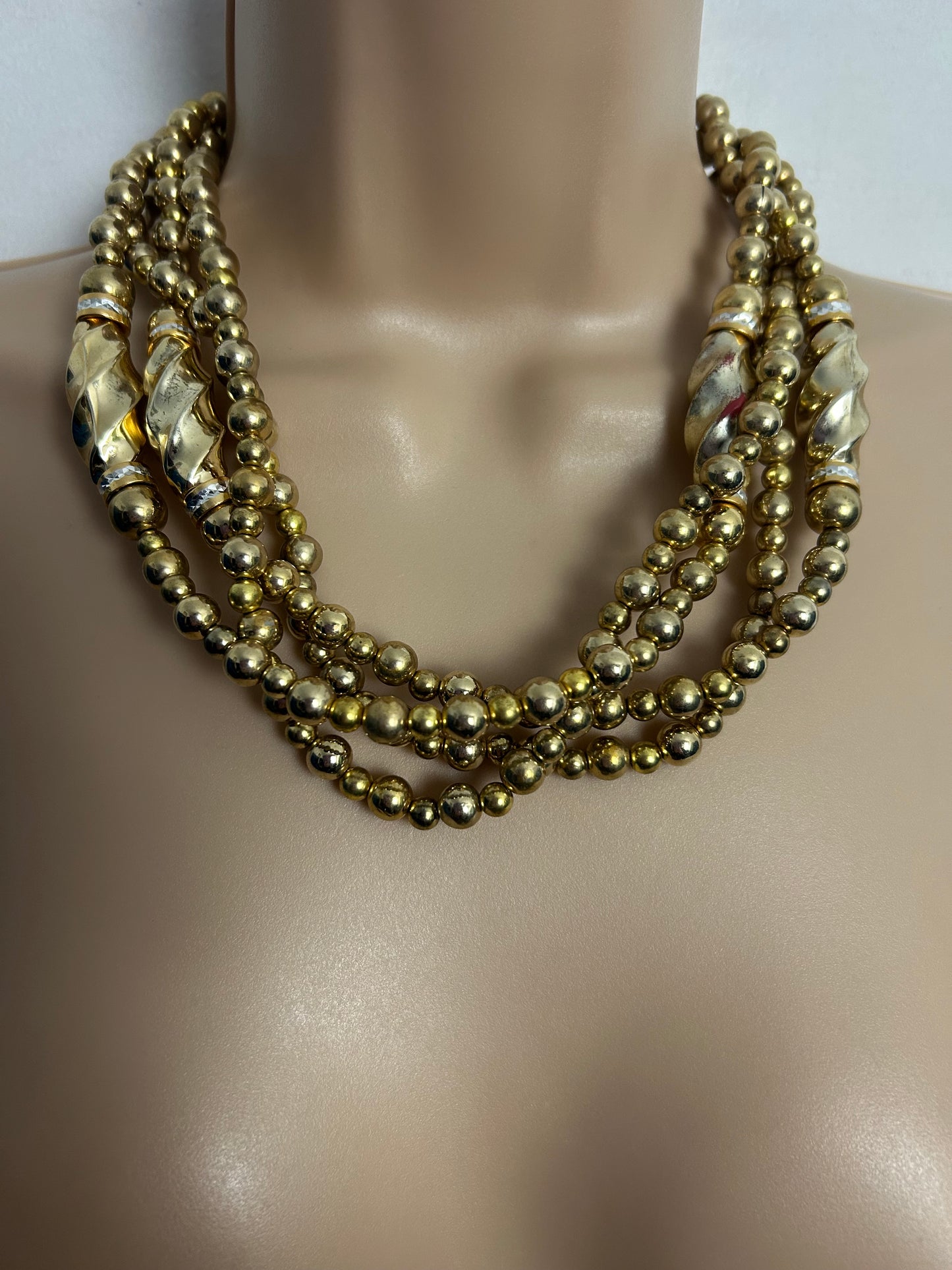 Vintage Chunky Four Strand Gold Bead Statement Necklace