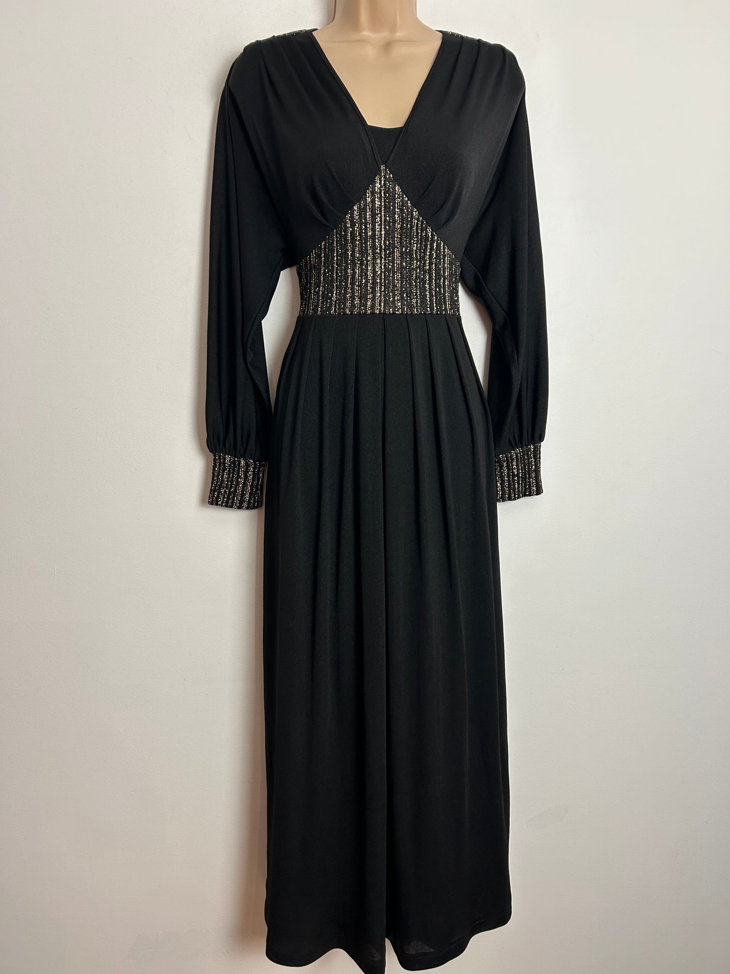 Vintage Early 1980s E&M AUGUSTAT UK Size 10 Black & Metallic Gold Pleated Evening Maxi Dress
