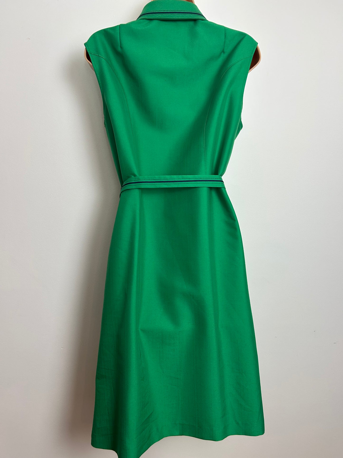 Vintage 1970s Size 14-16 Green & Black Braid Trim Pocket Detail Belted Mod Dress