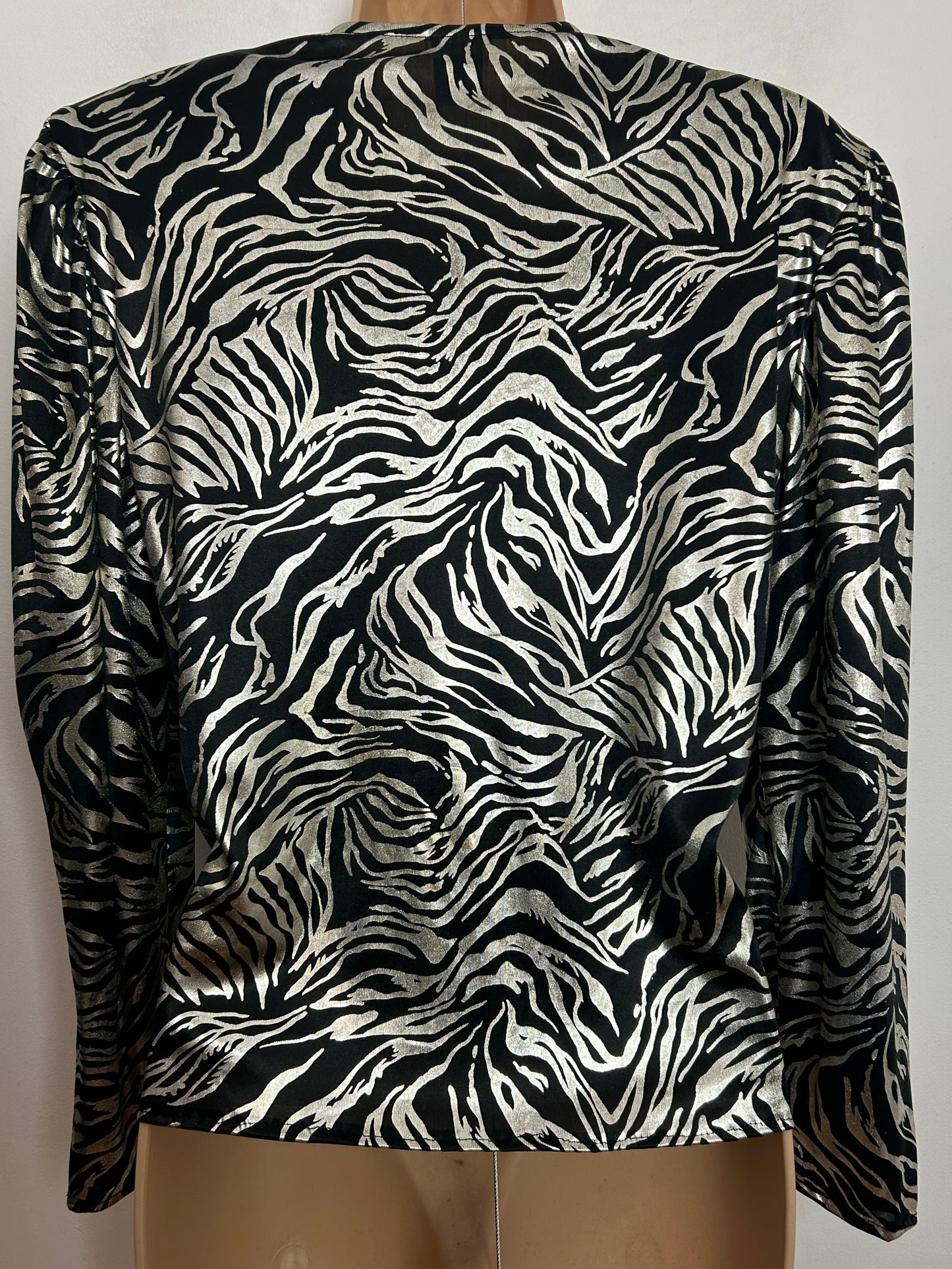 Vintage 1980s C&A UK Size 14-16 Black & Silver Lame Zebra Print Knot Fronted Party Top