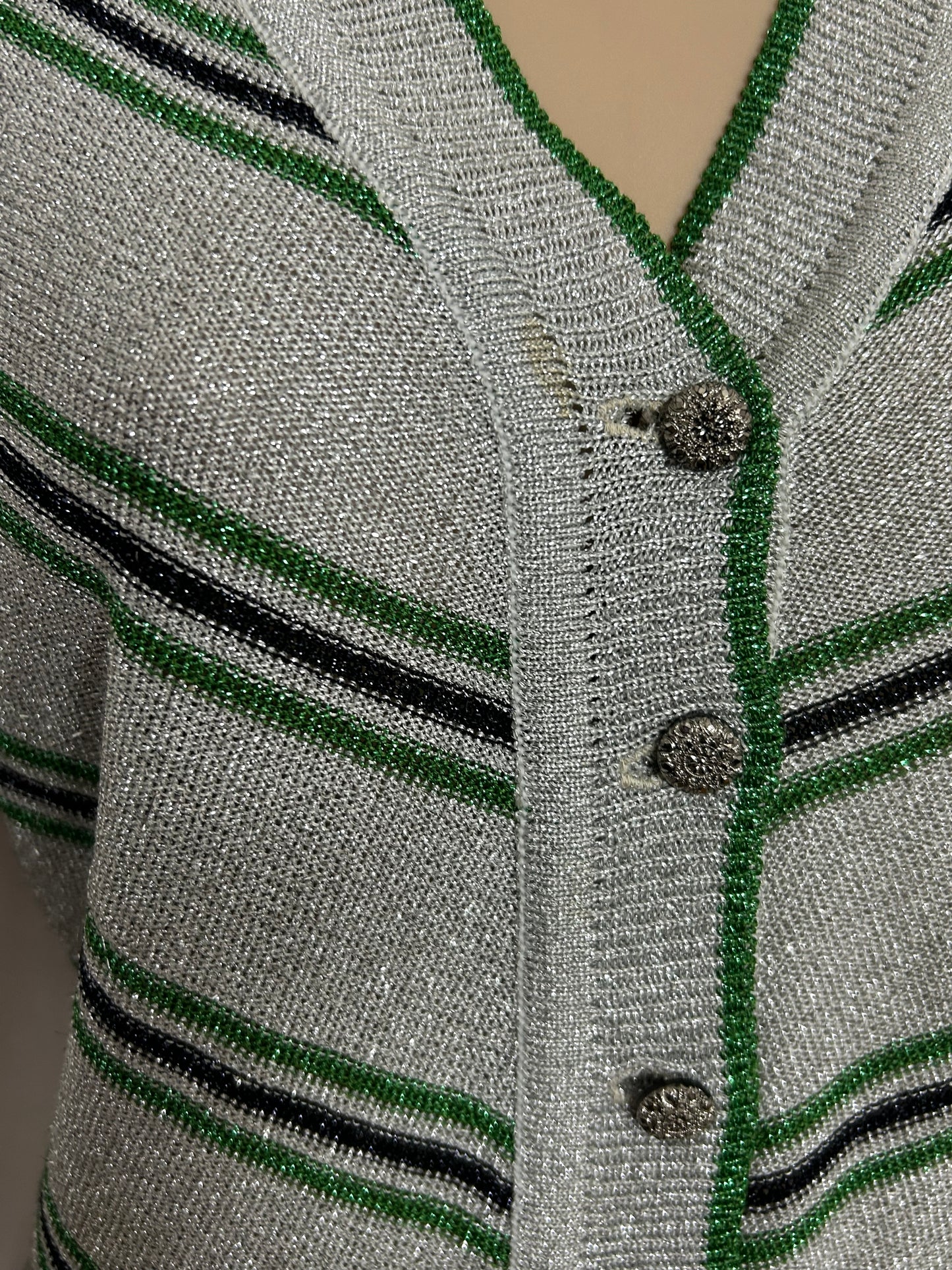 Vintage 1970s UK Size 10-12 Silver Green & Black Stripe Lurex Long Sleeve Top
