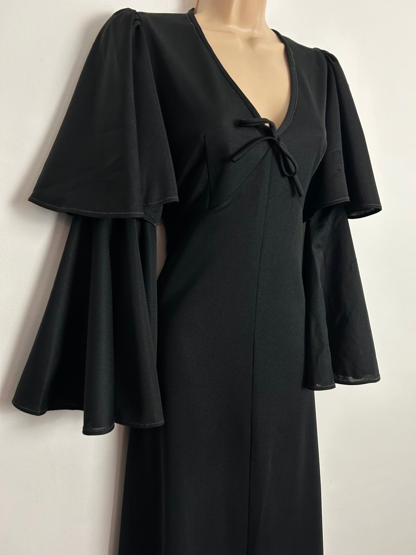 Vintage 1970s MISS T UK Size 8 Black Double Layered Flared Sleeve Dramatic Boho Evening Maxi Dress