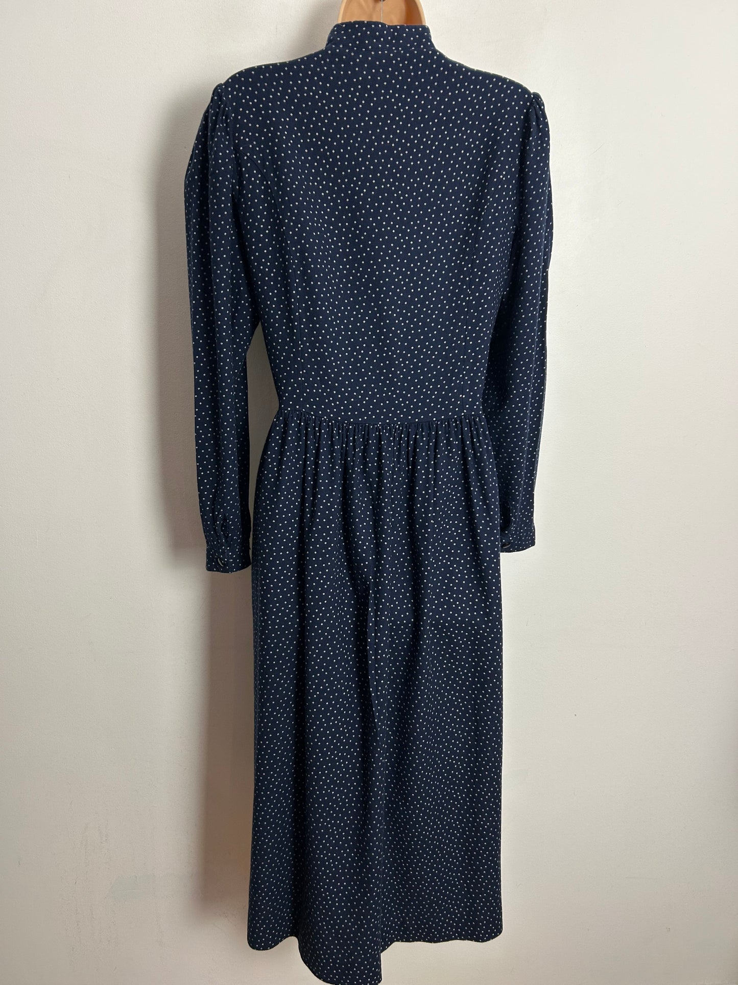 Vintage 1980s LAURA ASHLEY UK Size 10-12 (Size 14 On Label) Navy Blue Polka Dot Print Cotton Long Sleeve Day Dress