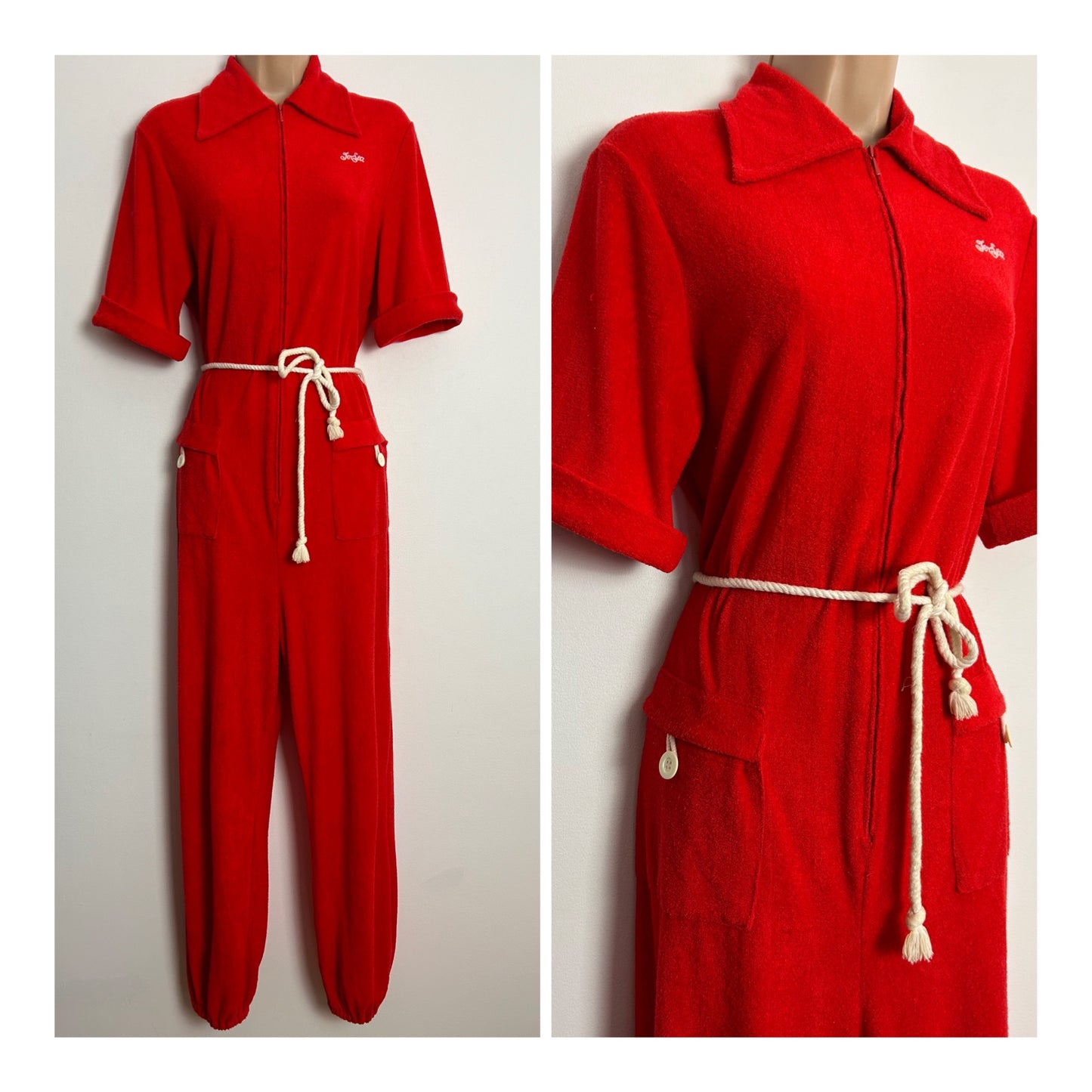 Vintage 1970s JER-SEA OF SWEDEN UK Size 12-14 Red Soft Towelling Belted Pocket Detail Zip Fronted Cuffed Ankle Jumpsuit