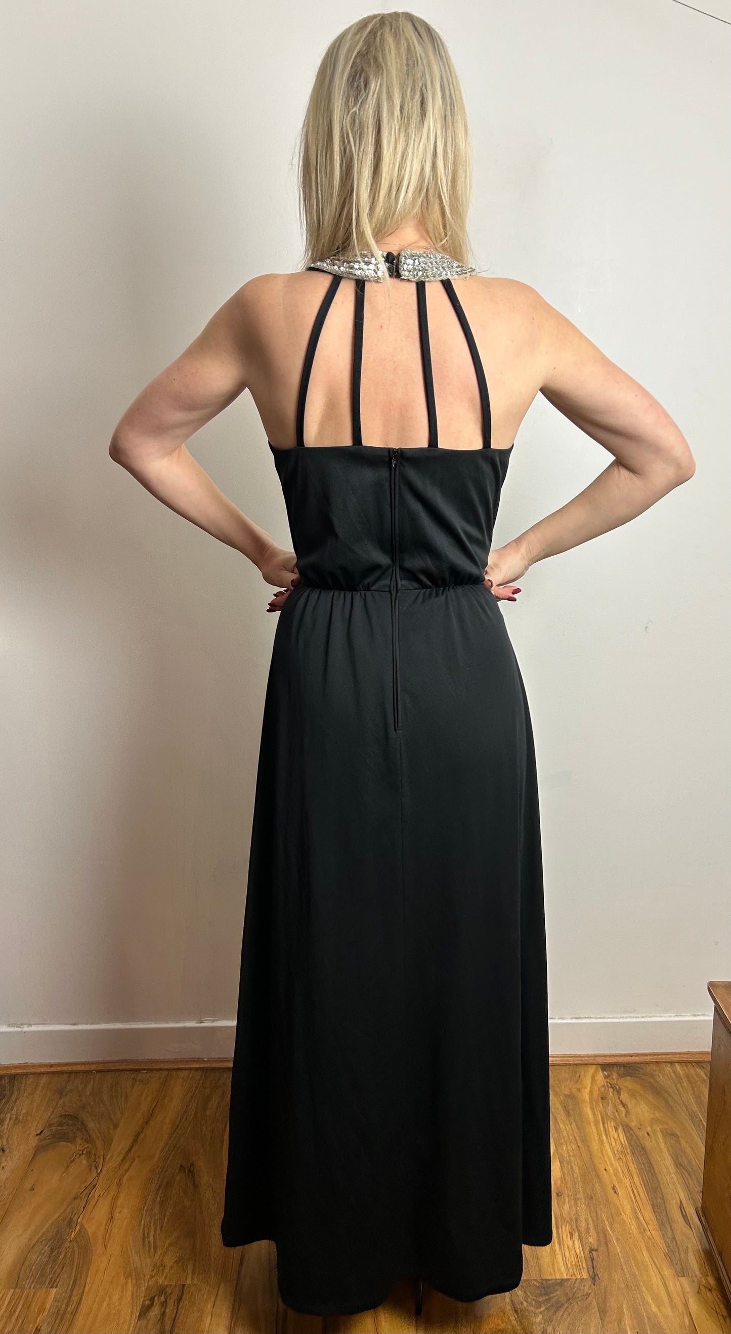 Vintage 1970s UK Size 10 Black Silver Sequin Halterneck Cage Back Evening Maxi Dress