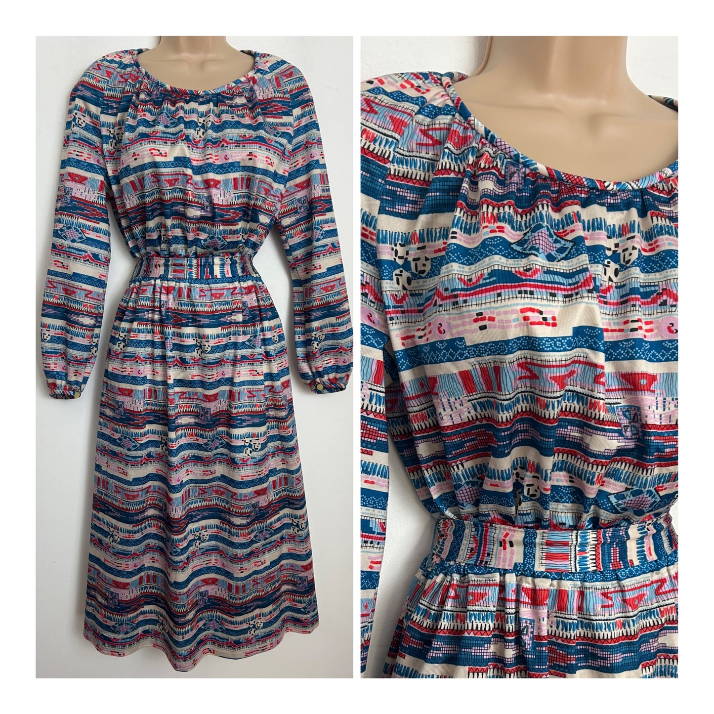Vintage Late 1970s Size 12 Blue White Red & Pink Abstract Stripe Print Long Sleeve Belted Day Dress