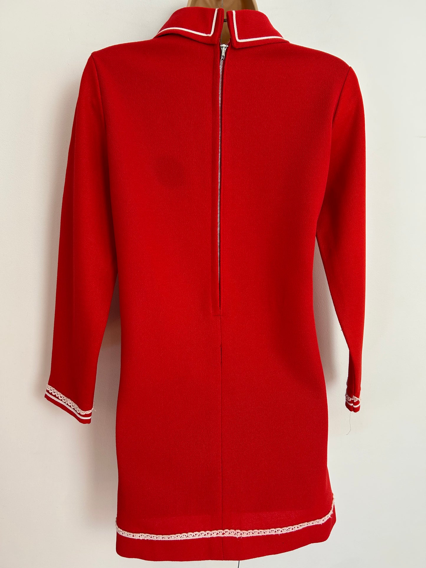 Vintage 1960s UK Size 10-12 Red Crimplene White Trim Mini Mod Shift Dress