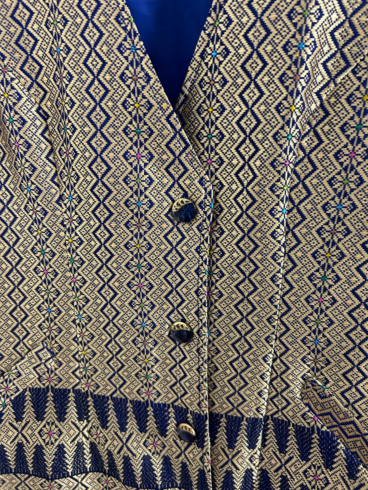 Vintage UK Size 14-16 Gold & Blue Woven Silk Abstract Pattern Tunic Waistcoat