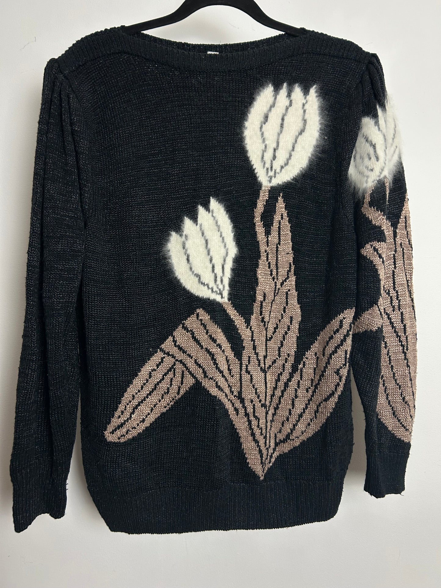 Vintage 1980s Up to Size 16 Black Brown & White Flower Pattern Long Sleeve Jumper