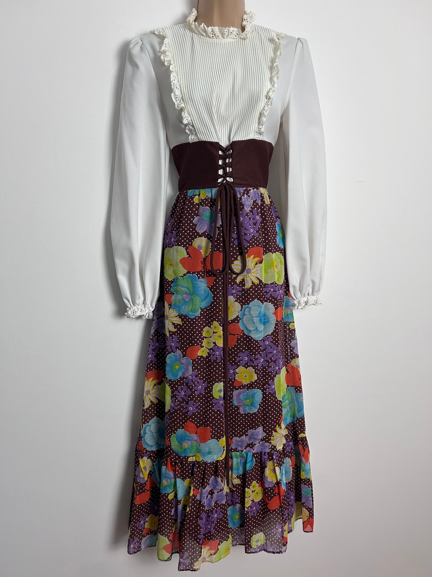 Vintage 1970s UK Size 8-10 White Brown Orange Purple Green Floral Polka Dot Prairie Maxi Dress