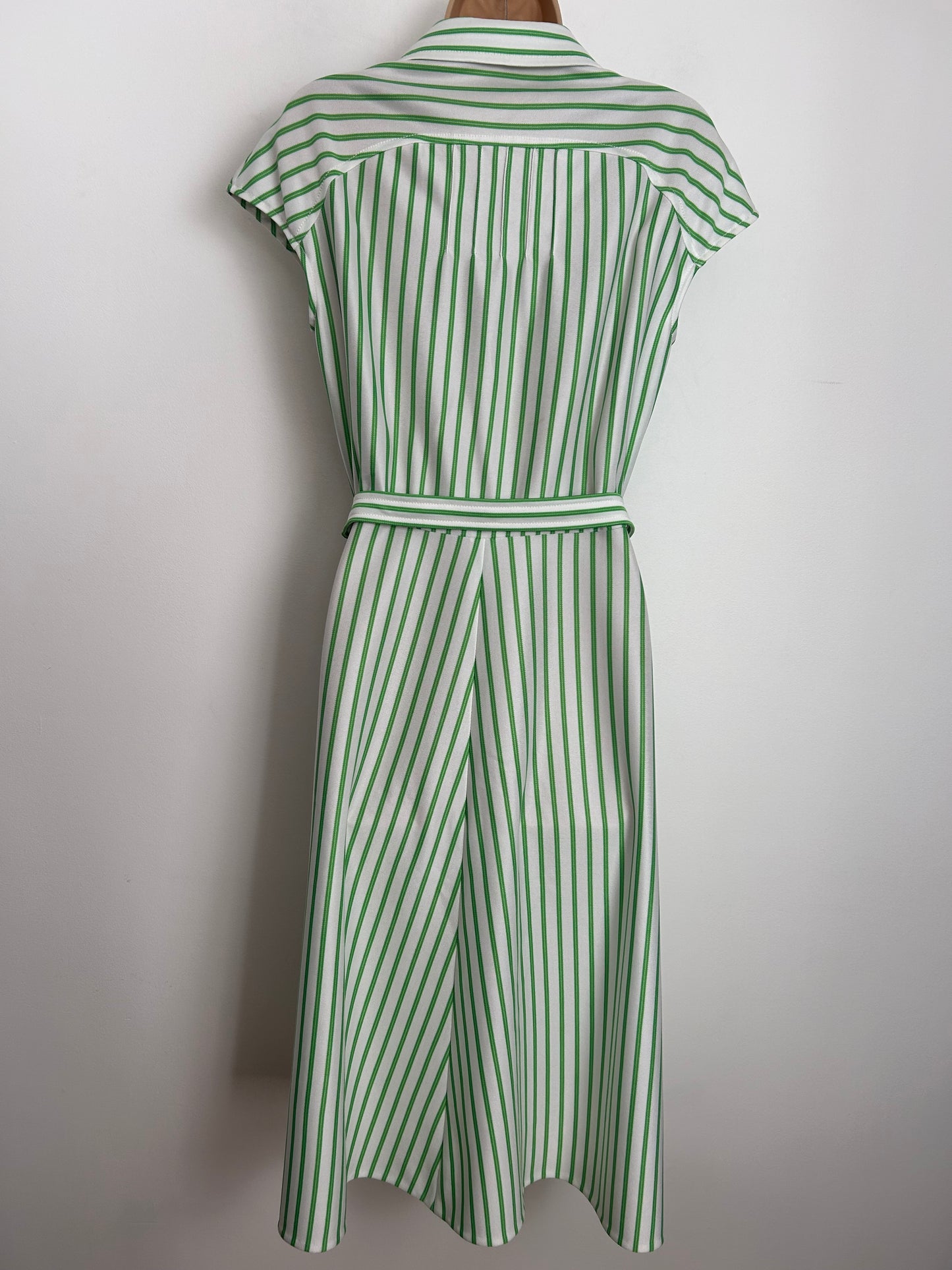 Vintage 1970s Size 10 Green & White Stripe Print Cap Sleeve Belted Fit & Flare Day Dress