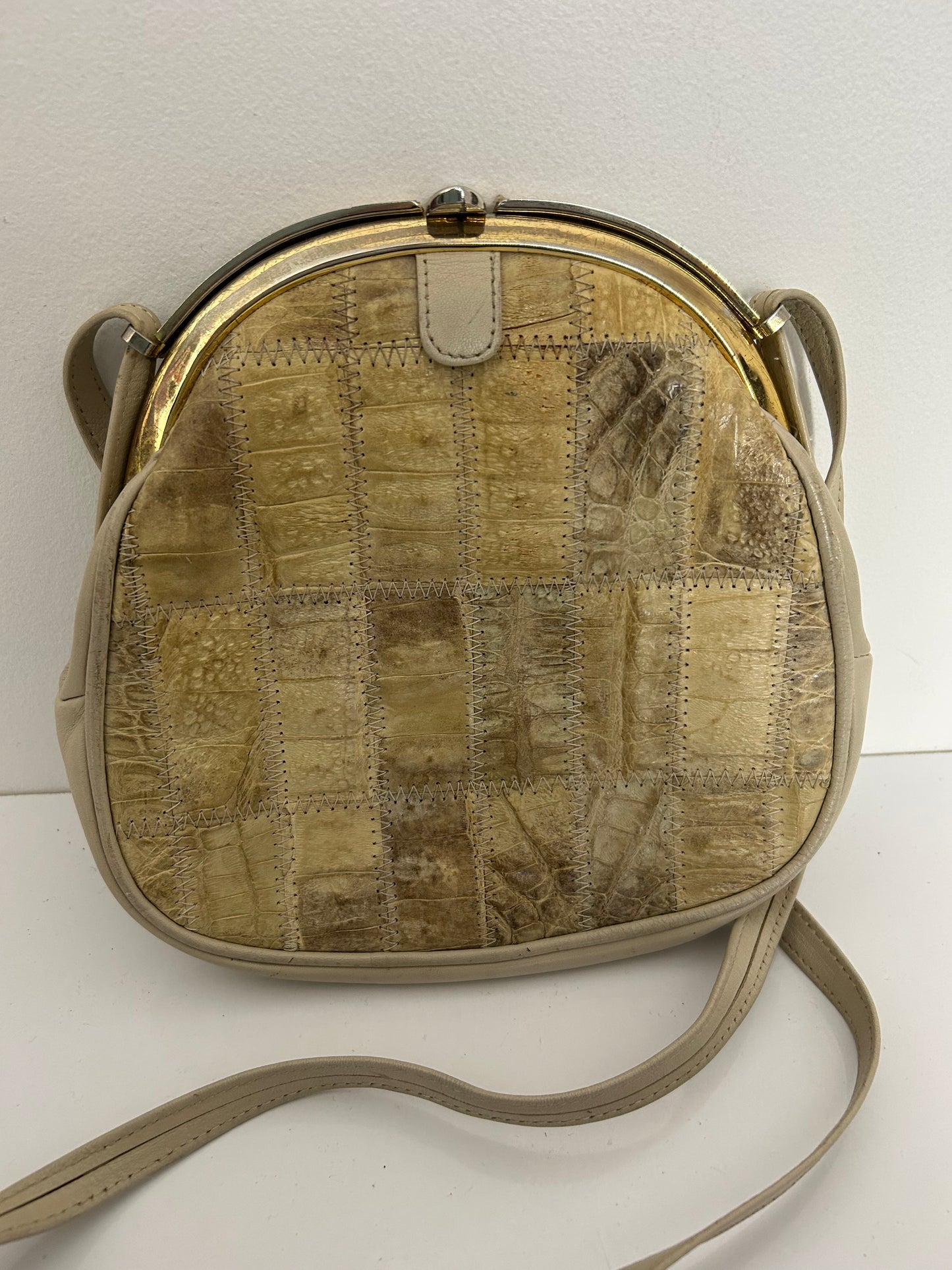 Vintage Late 1970s IRV Crocodile Beige Cream Patchwork Shoulder Or Crossbody Handbag
