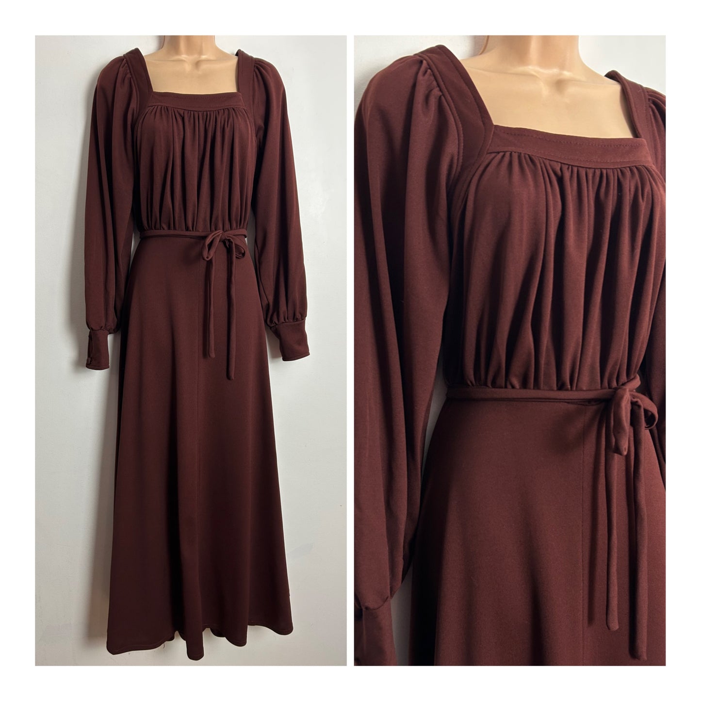Vintage 1970s WAVE LENGTH UK Size 12 Chestnut Brown Long Sleeve Belted Boho Maxi Dress