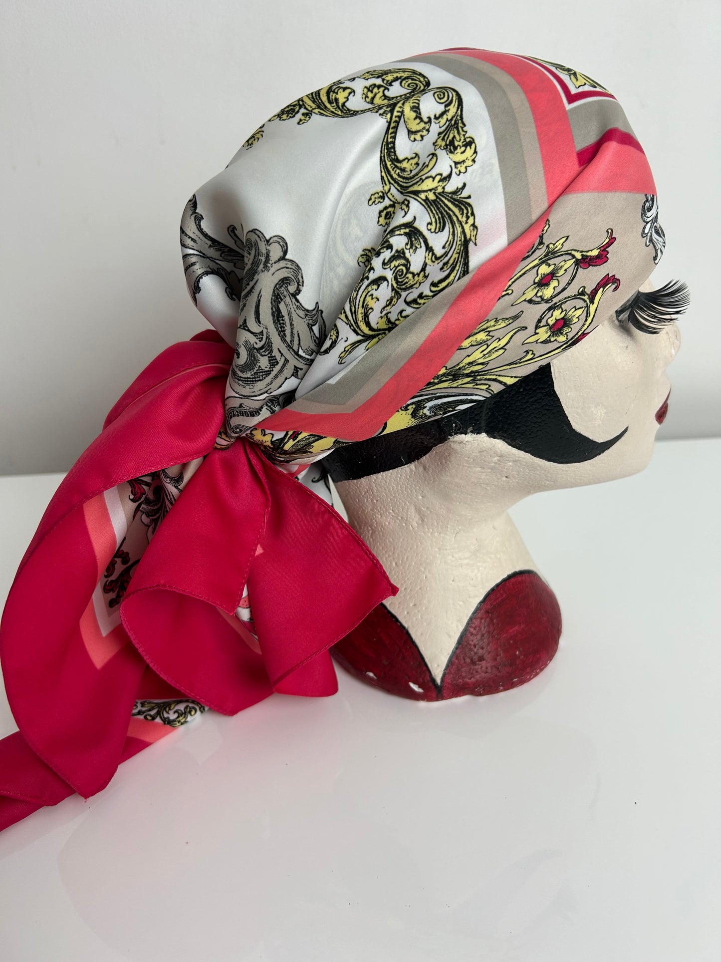 Vintage Pink White & Lemon Nouveau Floral Print Silky Scarf 88cm x 88cm