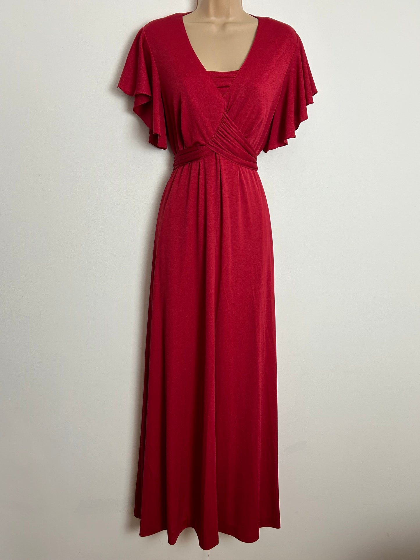 Vintage 1970s UK Size 16 Red Short Flutter Sleeve Mock Wrap Tie Back Boho Maxi Dress