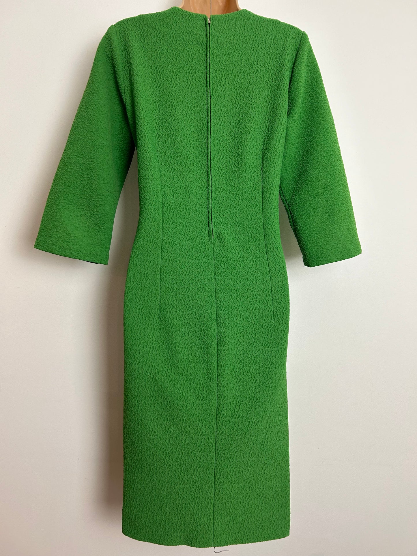 Vintage 1960s UK Size 10-12 Green Crimplene Polyester 3/4 Sleeve Mod Shift Dress