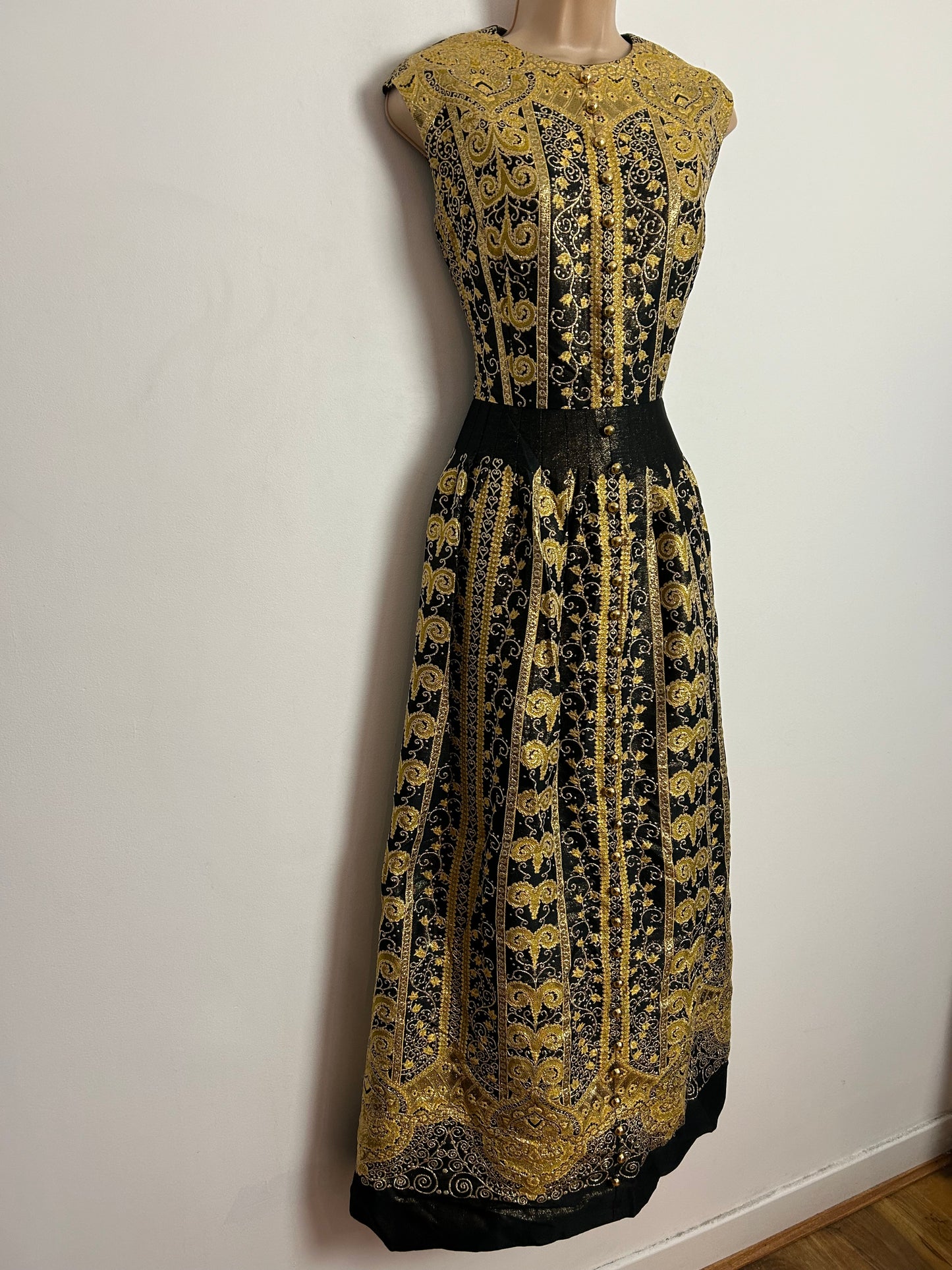 Vintage 1970s DWEIGLER MODELL UK Size 10 Stunning Black & Metallic Gold Brocade Christmas Evening Maxi Dress