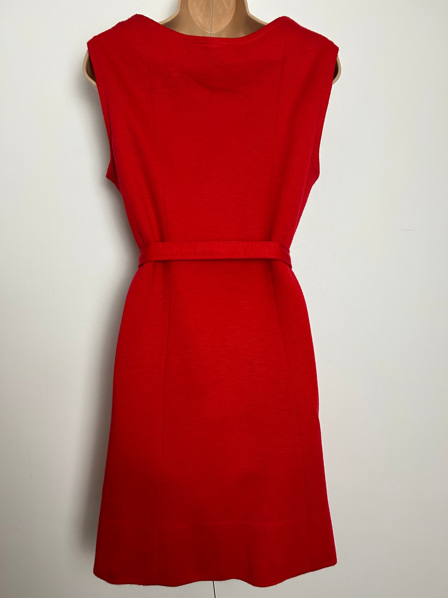 Vintage 1960s Size 12 Red Wool Jersey Sleeveless Belted Mod Dress