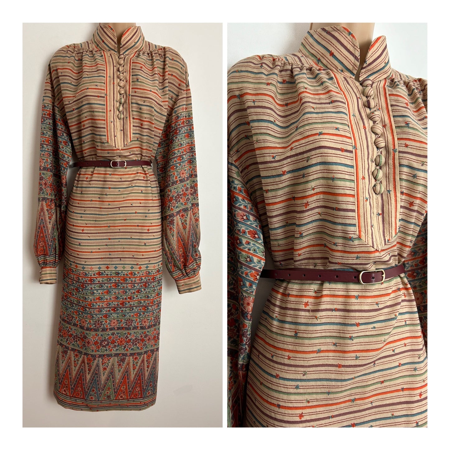 Vintage 1970s SUSAN SMALL UK Size 14 Oversize Beige Orange & Plum Stripe Belted Long Sleeve Smock Or Belted Dress