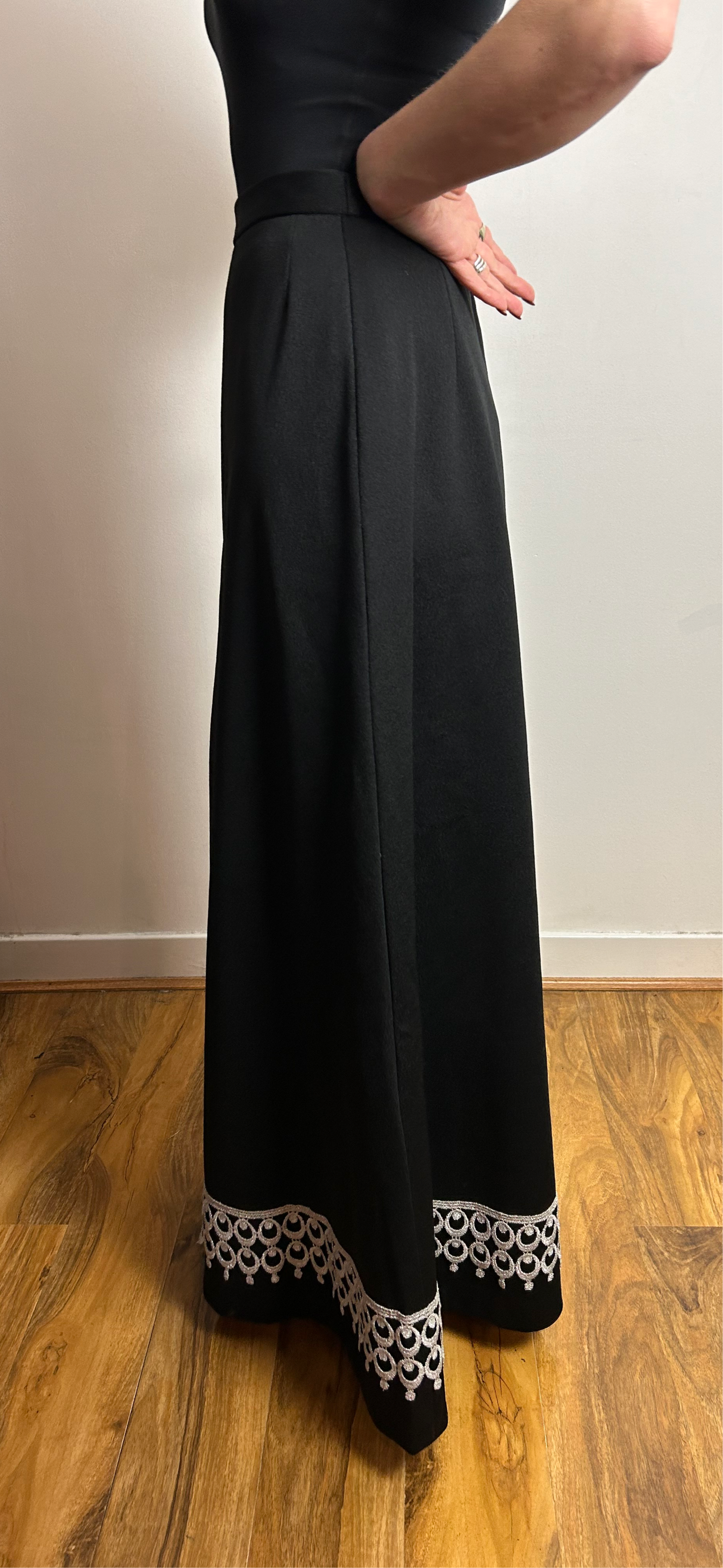 Vintage 1970s UK Size 8 Black & Silver Braid Trim Evening Maxi Skirt