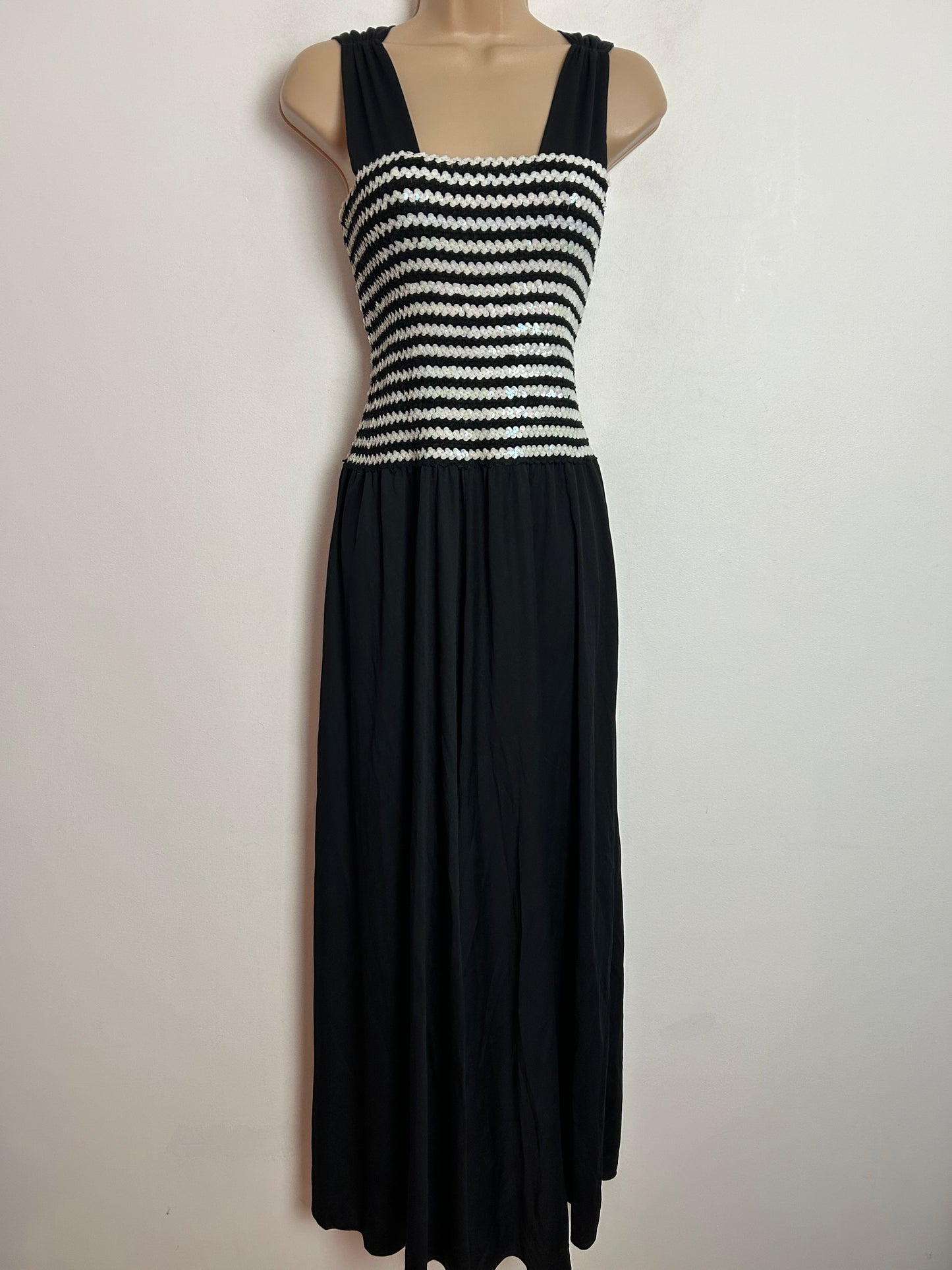 Vintage 1970s UK Size 10-14 Black & White Sequin Stretch Bodice Occasion Evening Maxi Dress