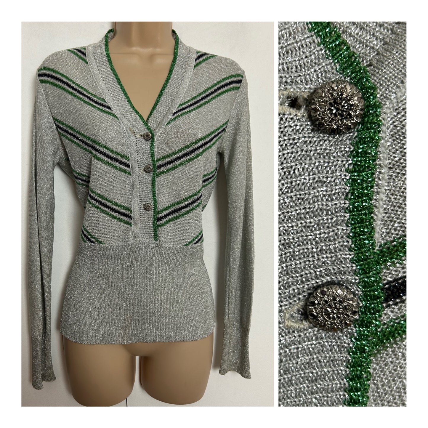 Vintage 1970s UK Size 10-12 Silver Green & Black Stripe Lurex Long Sleeve Top