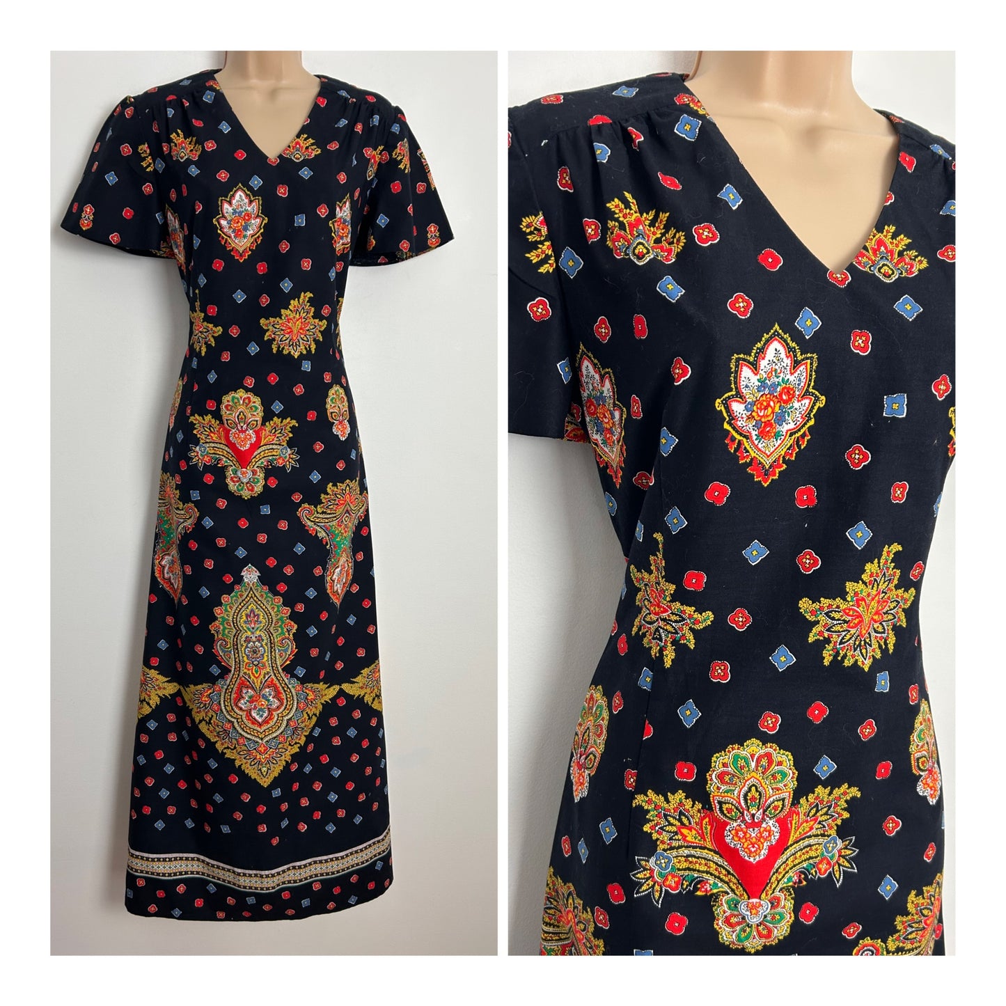 Vintage 1970s UK Size 12 Black Red Blue & Orange Floral Print Cotton Short Sleeve Maxi Dress