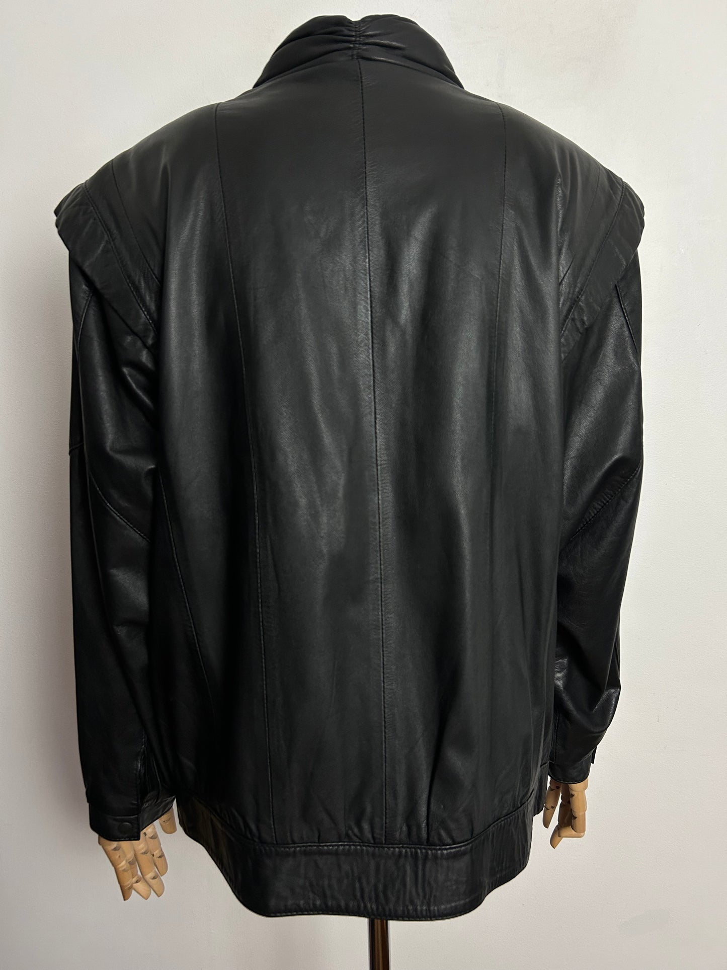 Vintage 1980s CANDA UK Size 14-16 Black Leather Round Neck Leather Jacket