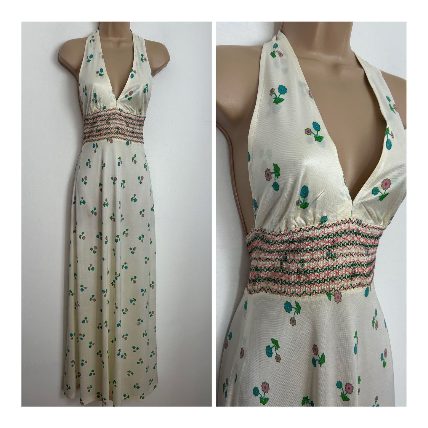 Vintage 1970s Size 6 Pretty Ivory White Pink Blue & Green Floral Print Halter Neck Summer Maxi Dress