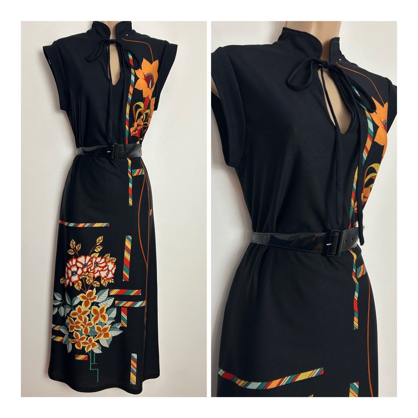 Vintage 1970s PAT FARRELL FOR FIONA DRESSES Size 10 Black Orange & Blue Floral & Stripe Print Belted Midi Dress