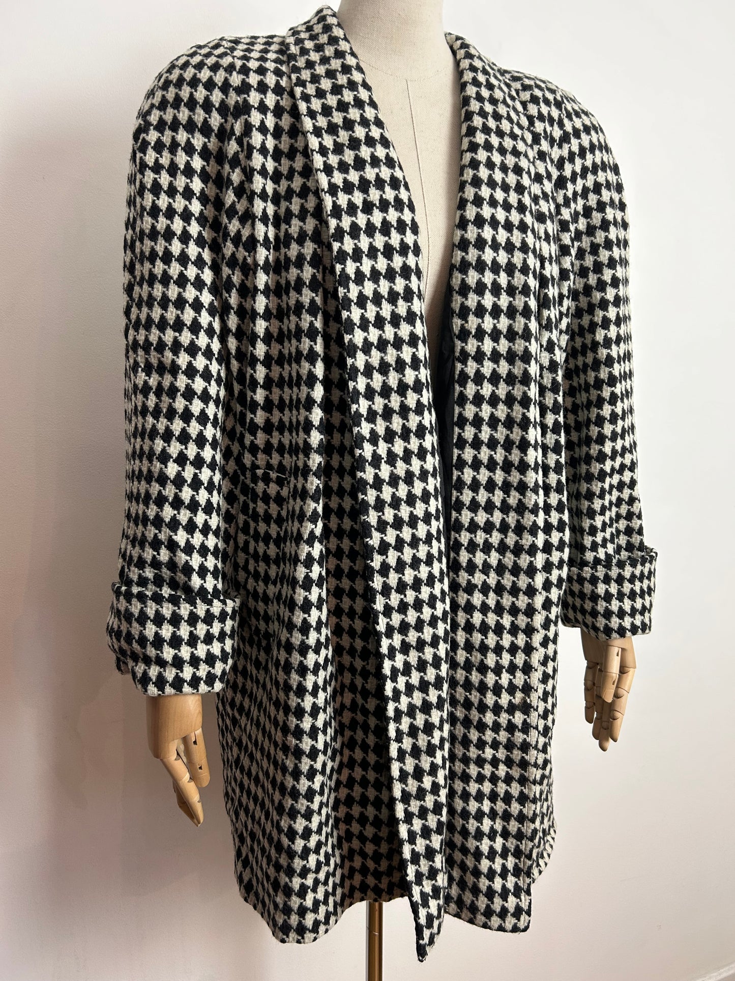 Vintage 1980s MICHELLE STUART UK Size 14-16 Black & Off White Diamond Check Open Fronted Wool Coat