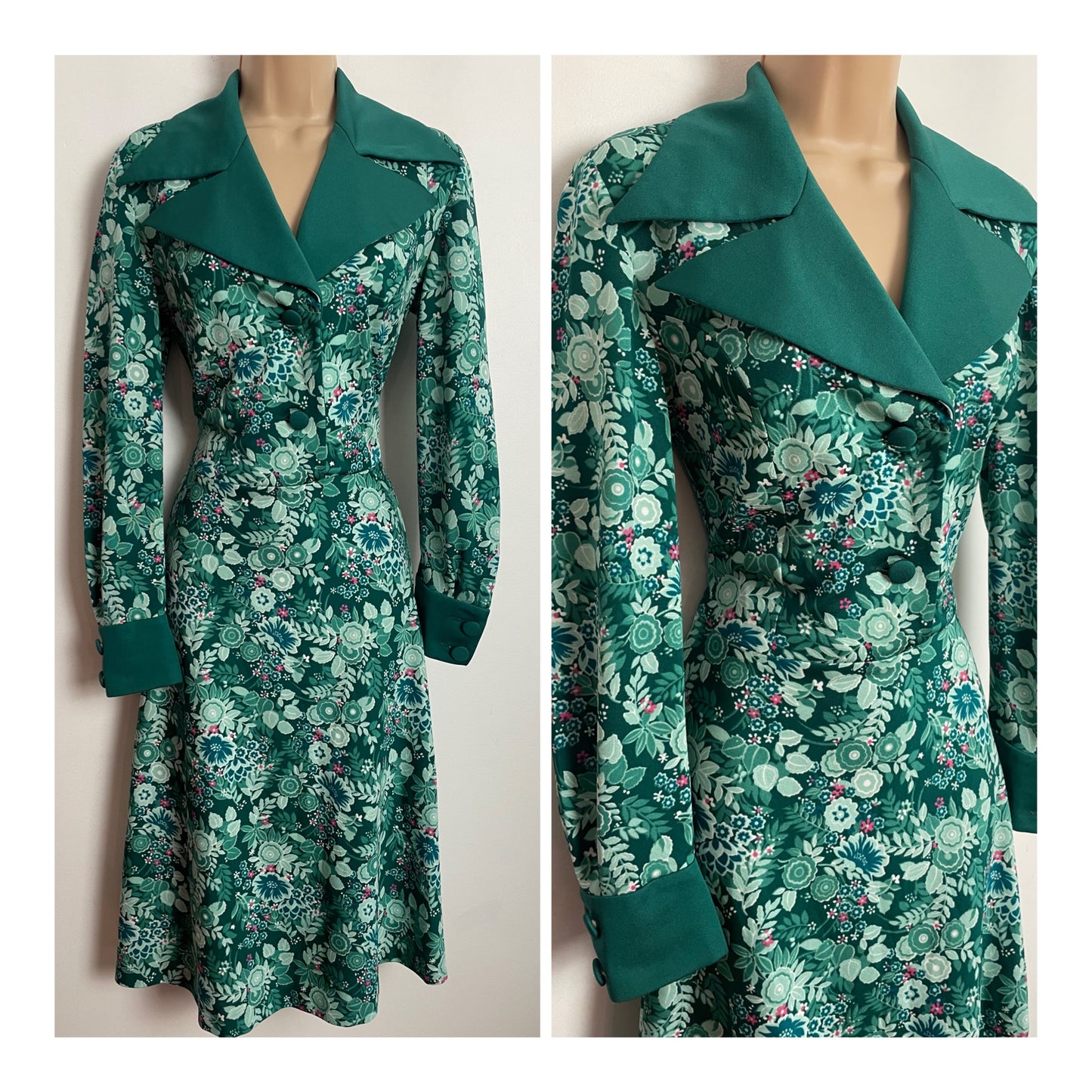 Vintage 1970s UK Size 12 Teal Green Tones Floral Print Double Dagger Collar Long Sleeve Day Dress