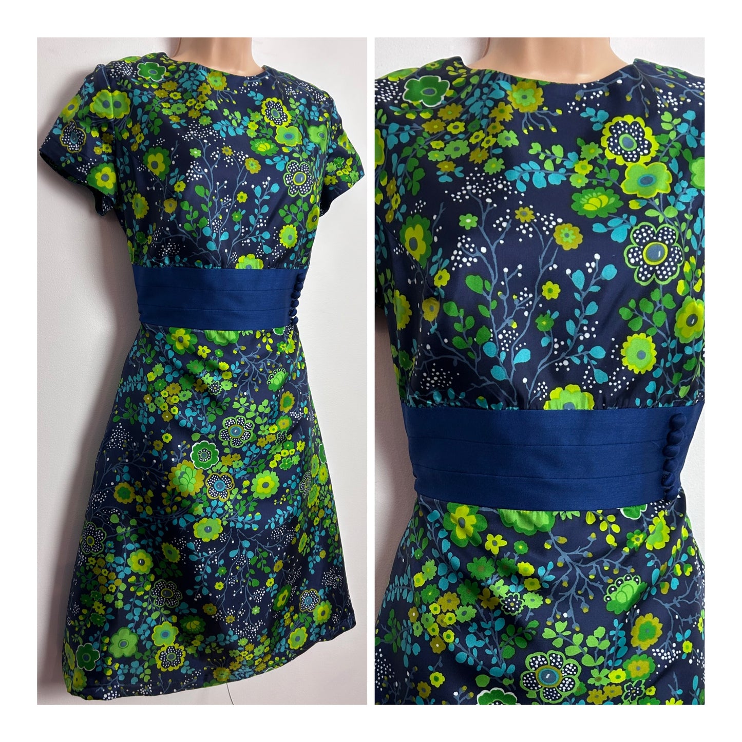 Vintage 1960s BERKERTEX UK Size 10 Navy Blue & Green Tones Floral Print Short Sleeve Mod Dress