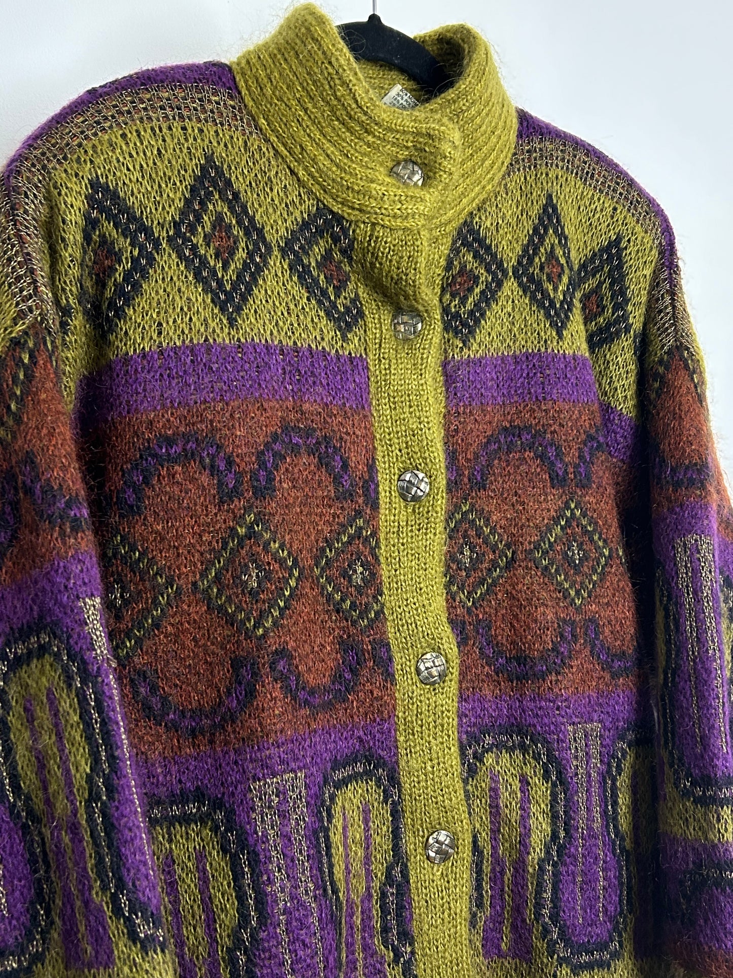 Vintage 1980s SIGNE INCOGNITO Up To Size 16 Oversized Wool & Mohair Mix Olive Green Purple & Rust Abstract Coatigan Cardigan