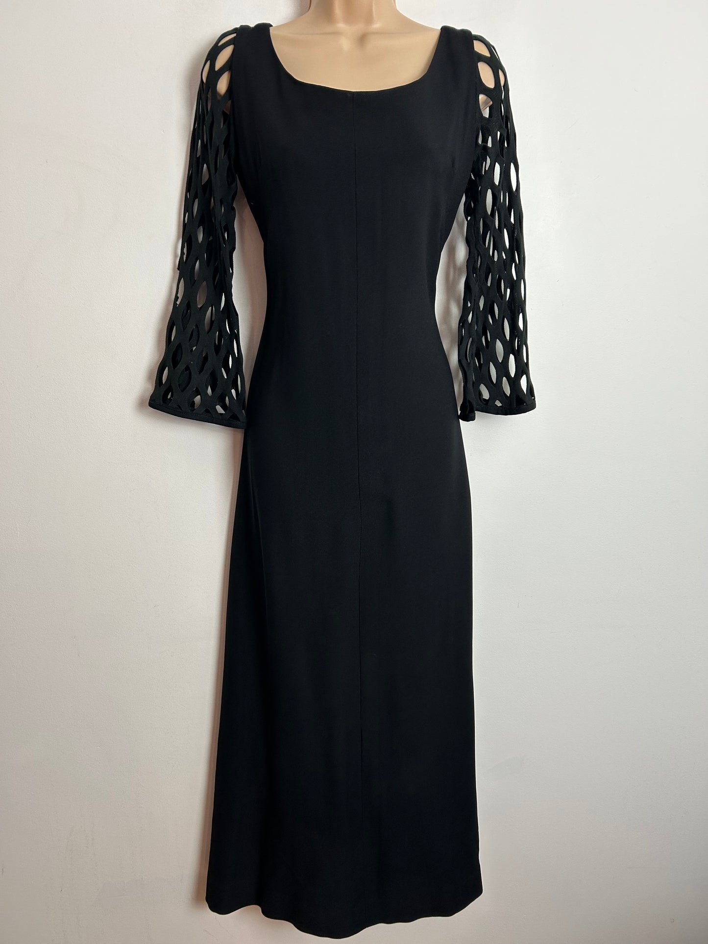 Vintage 1960s SEVENTH AVENUE UK Size 10-12 Black Cut Out Long Sleeve Detail Occasion Maxi Dress