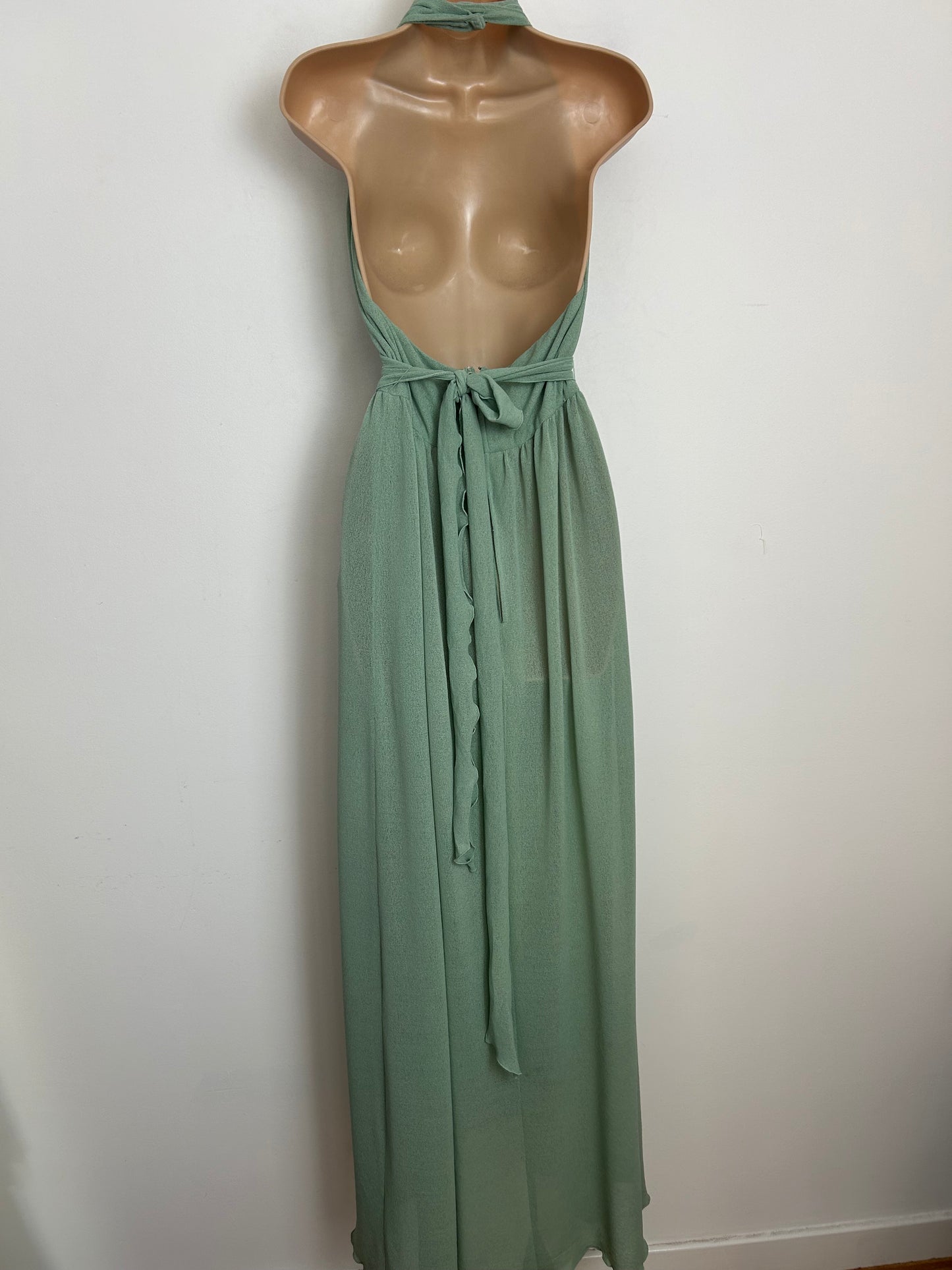 Vintage 1970s Size 10 PETER BARRON Sage Green Halterneck Wrap Skirt Maxi Dress