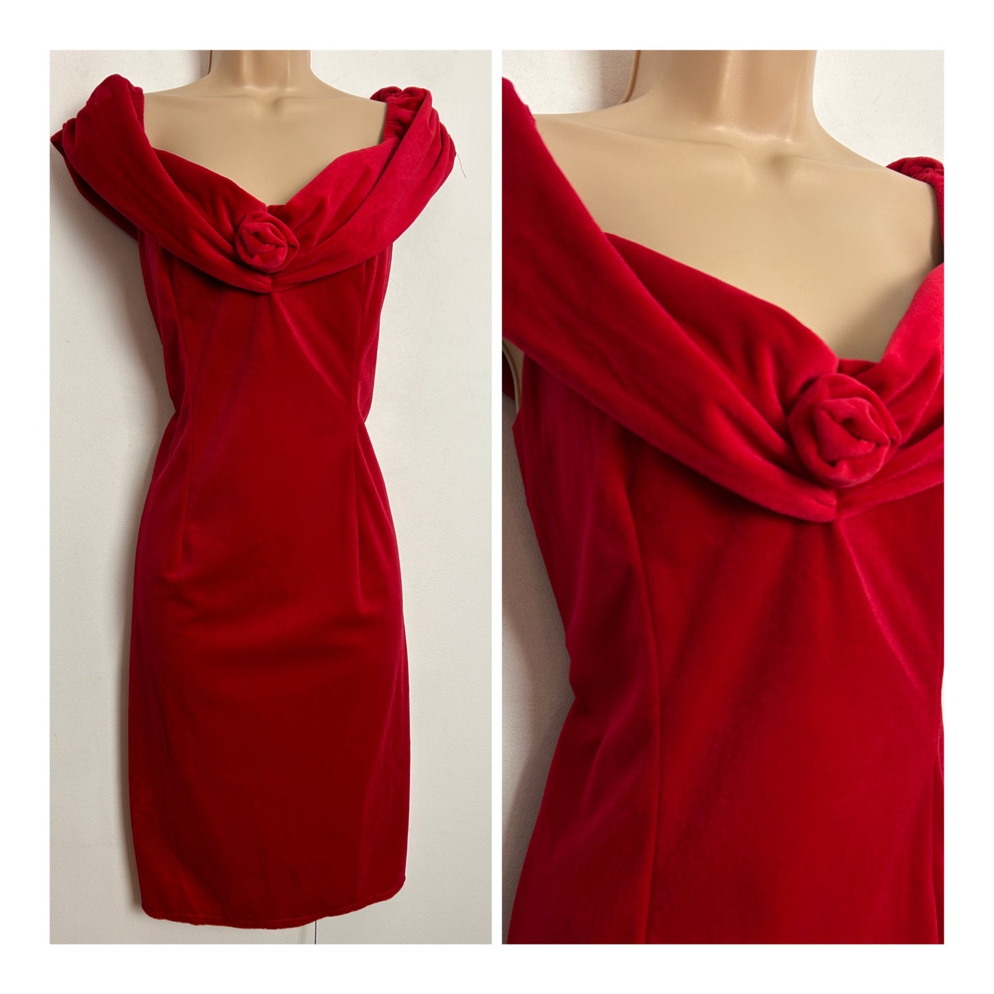 Vintage 1980s UK Size 12 Red Velvet Velour Bardot Neck Corsage Detail Xmas Party Occasion Dress