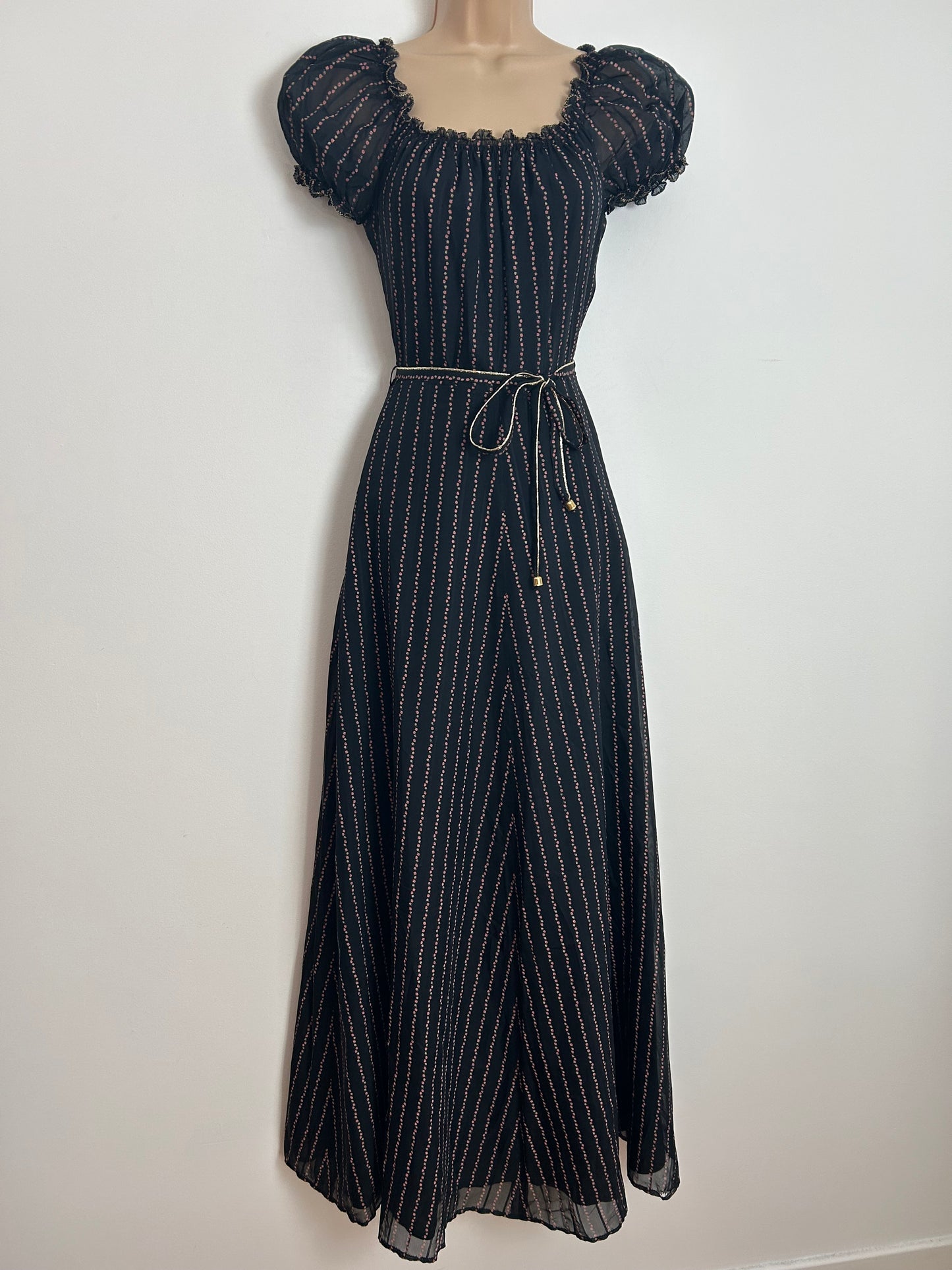 Vintage 1970s PUSZTA Size 6 Black & Dusky Pink Floral Stripe Print On/Off Shoulder Short Sleeve Belted Maxi Dress