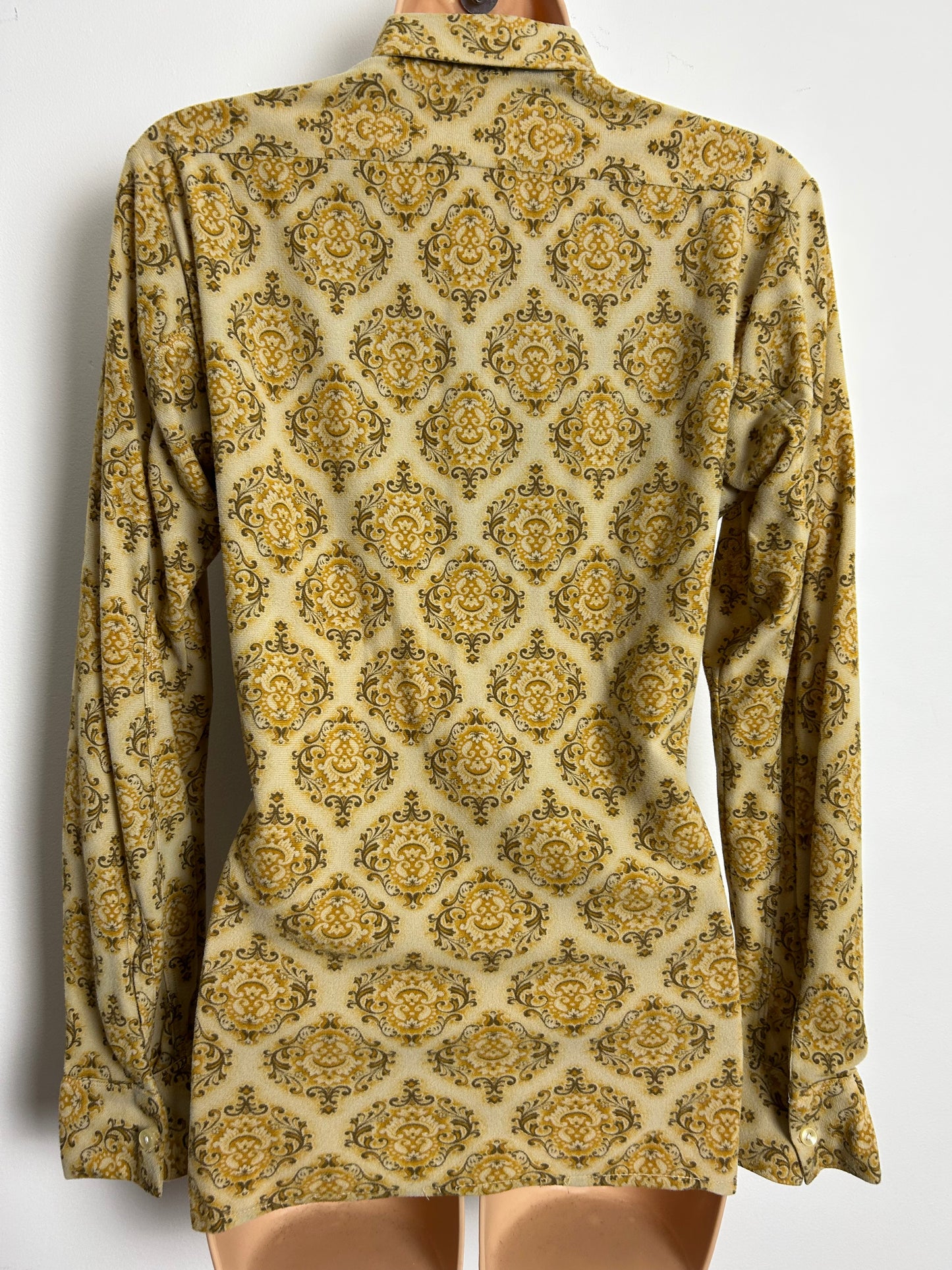 Vintage 1970s Size 12 Sandy Beige Tone Nouveau Scarf Print Long Sleeve Shirt