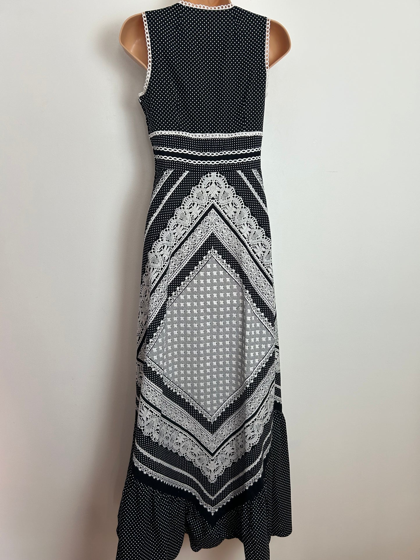 Vintage 1970s MARC RENE Size 6 Black & White Polka Dot & Trompe L'oeil Print Lace Up Front Cotton Maxi Dress